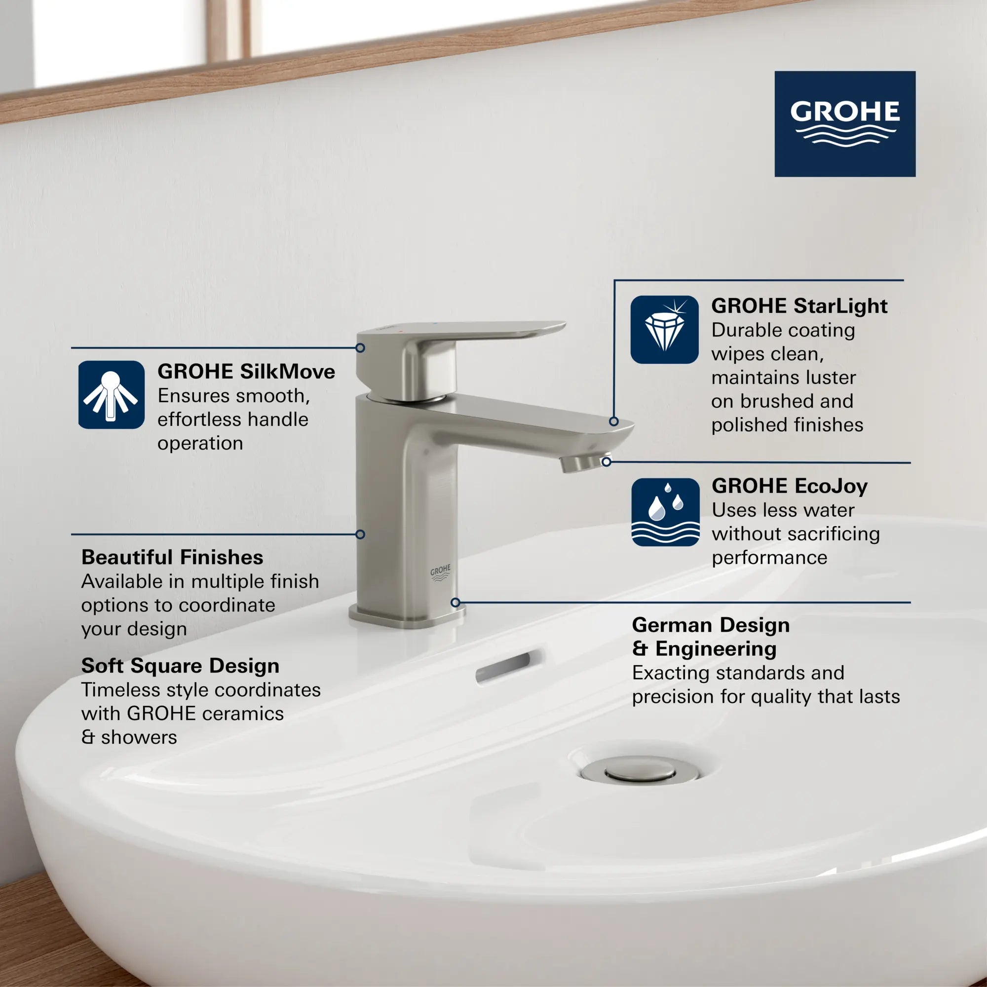 Cubeo Single Hole Single Handle S-Size Bathroom Faucet, Less Drain, 1.2 gpm (4.5L/min) // BRUSHED COOL SUNRISE // 260626_GROHE_CUBEO_Softsquare_1018990000_0002_MAR2025_0_CDNwebp.webp