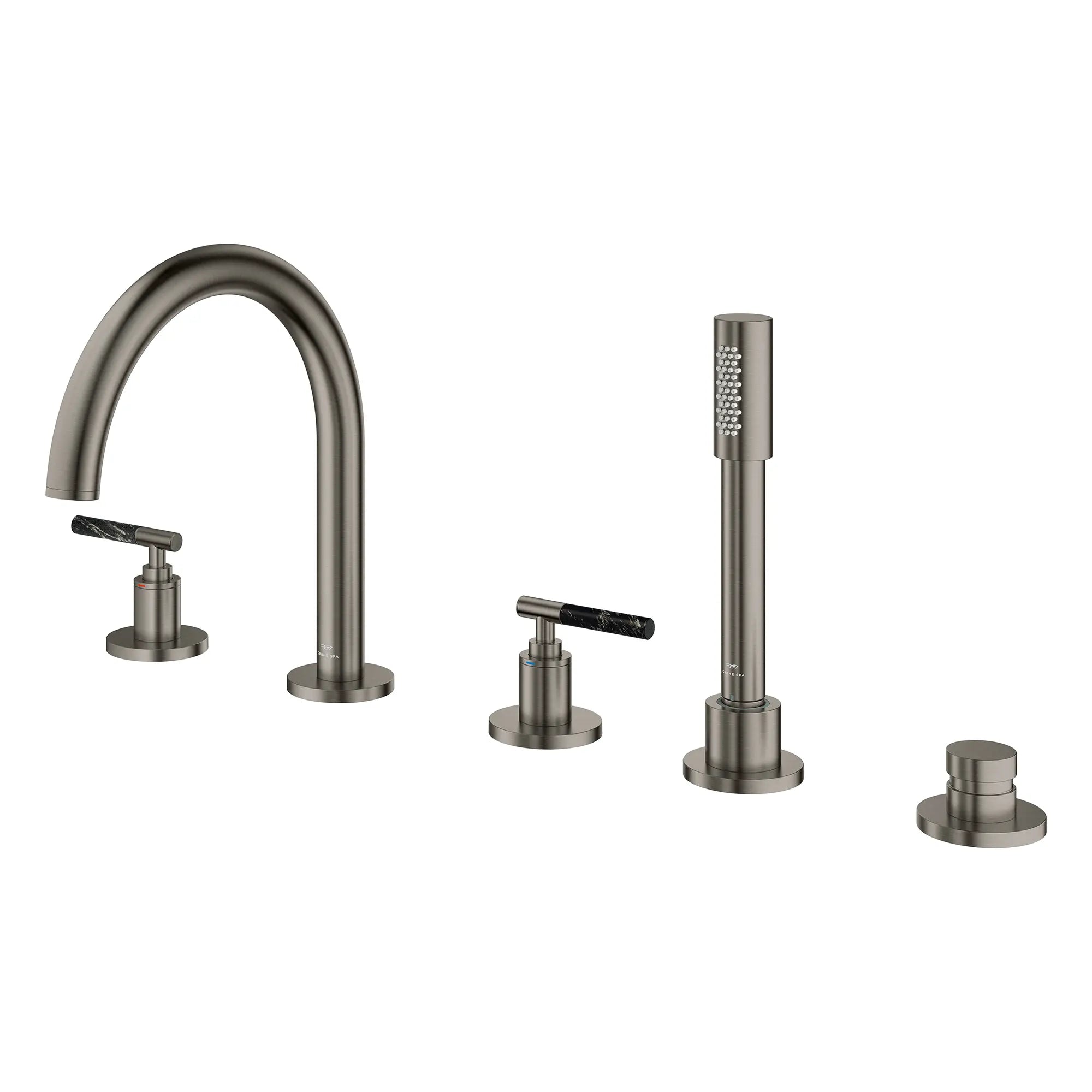 5-Hole 2-Handle Deck Mount Roman Tub Faucet with 6.6 L/min (1.75 GPM) Hand Shower // BRUSHED HARD GRAPHITE // 266617_Atrio_PC_SiloLeft_25274AL00_48465AL00_0001_July2025_0_CDNwebp.webp