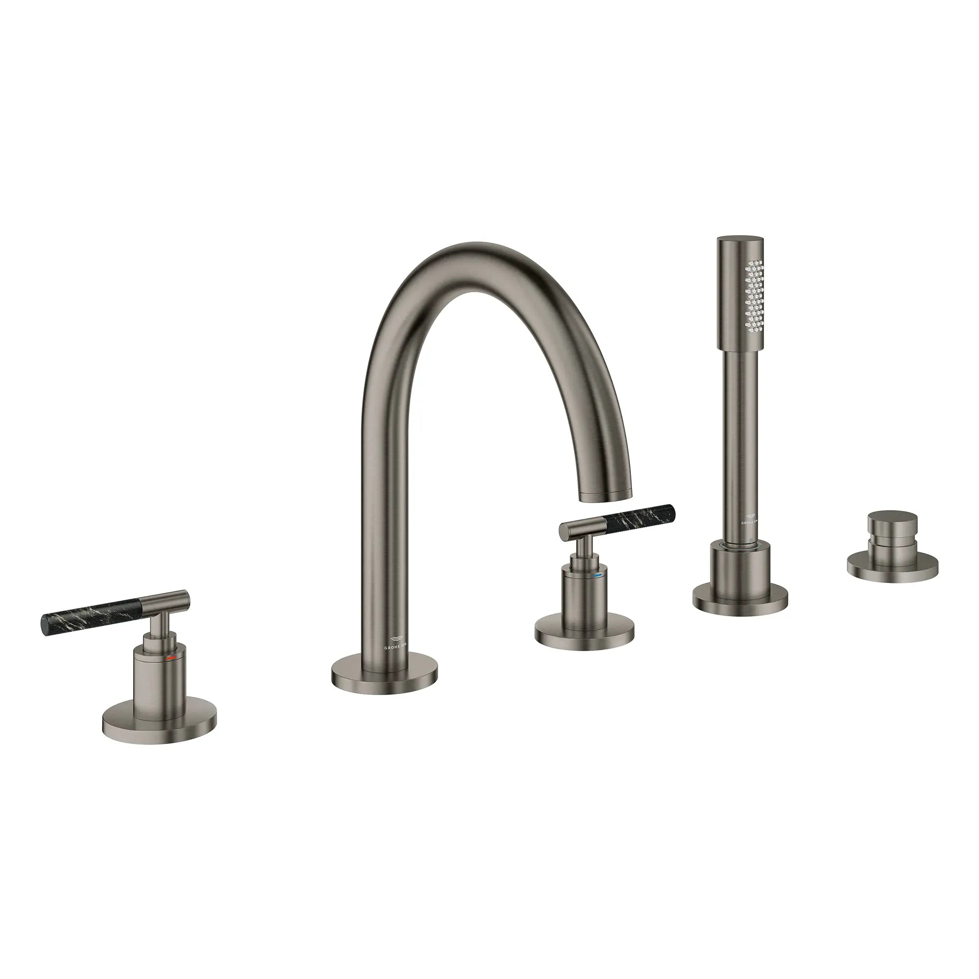 5-Hole 2-Handle Deck Mount Roman Tub Faucet with 6.6 L/min (1.75 GPM) Hand Shower // BRUSHED HARD GRAPHITE // 266618_Atrio_PC_SiloRight_25274AL00_48465AL00_0001_July2025_0_CDNwebp.webp