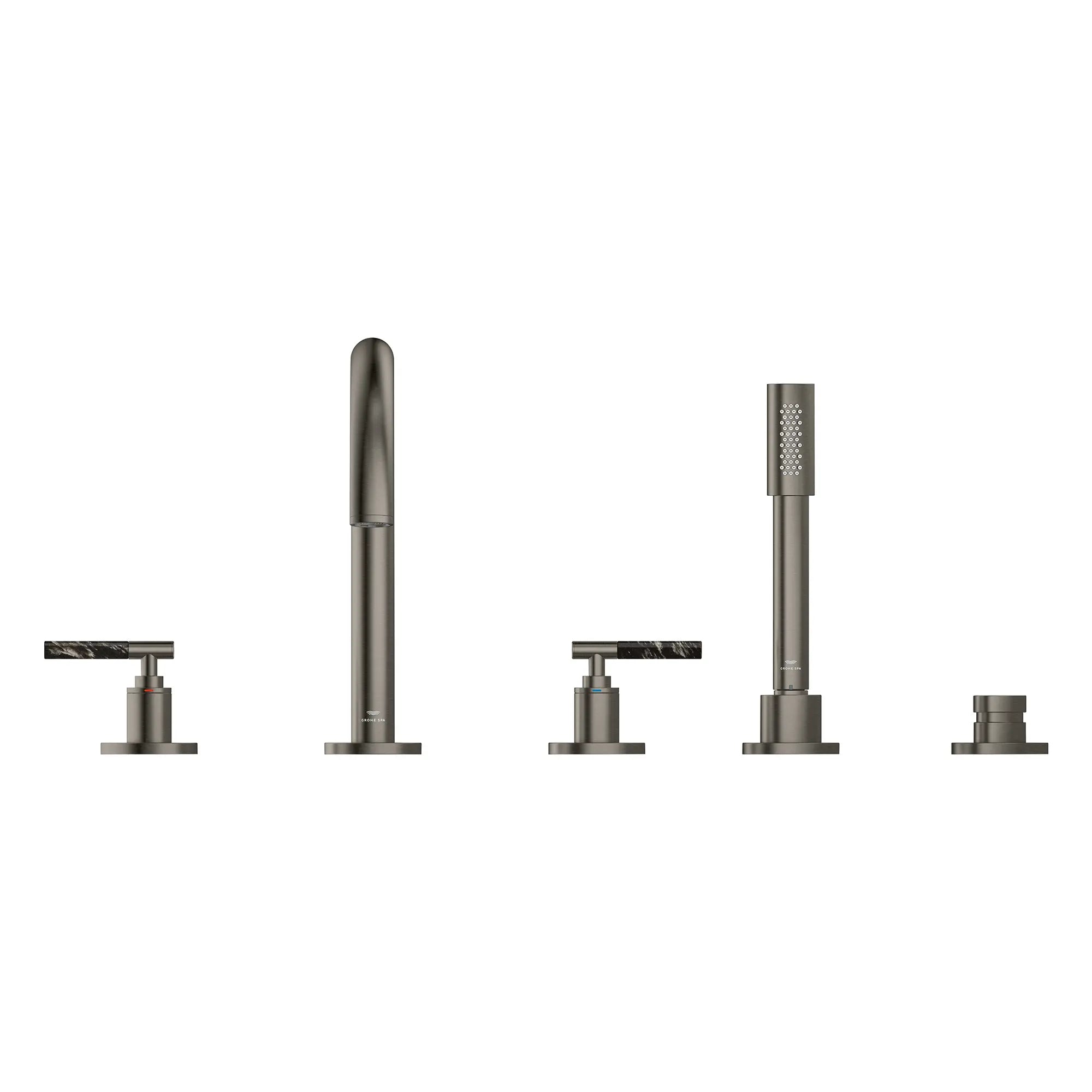 5-Hole 2-Handle Deck Mount Roman Tub Faucet with 6.6 L/min (1.75 GPM) Hand Shower // BRUSHED HARD GRAPHITE // 266619_Atrio_PC_SiloFront_25274AL00_48465AL00_0001_July2025_0_CDNwebp.webp