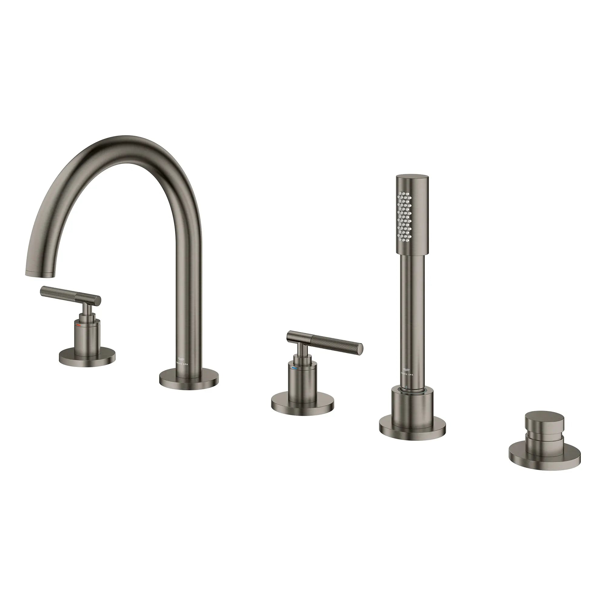 5-Hole 2-Handle Deck Mount Roman Tub Faucet with 6.6 L/min (1.75 GPM) Hand Shower // BRUSHED HARD GRAPHITE // 266620_Atrio_PC_SiloLeft_25274AL00_48651AL00_0001_July2025_0_CDNwebp.webp