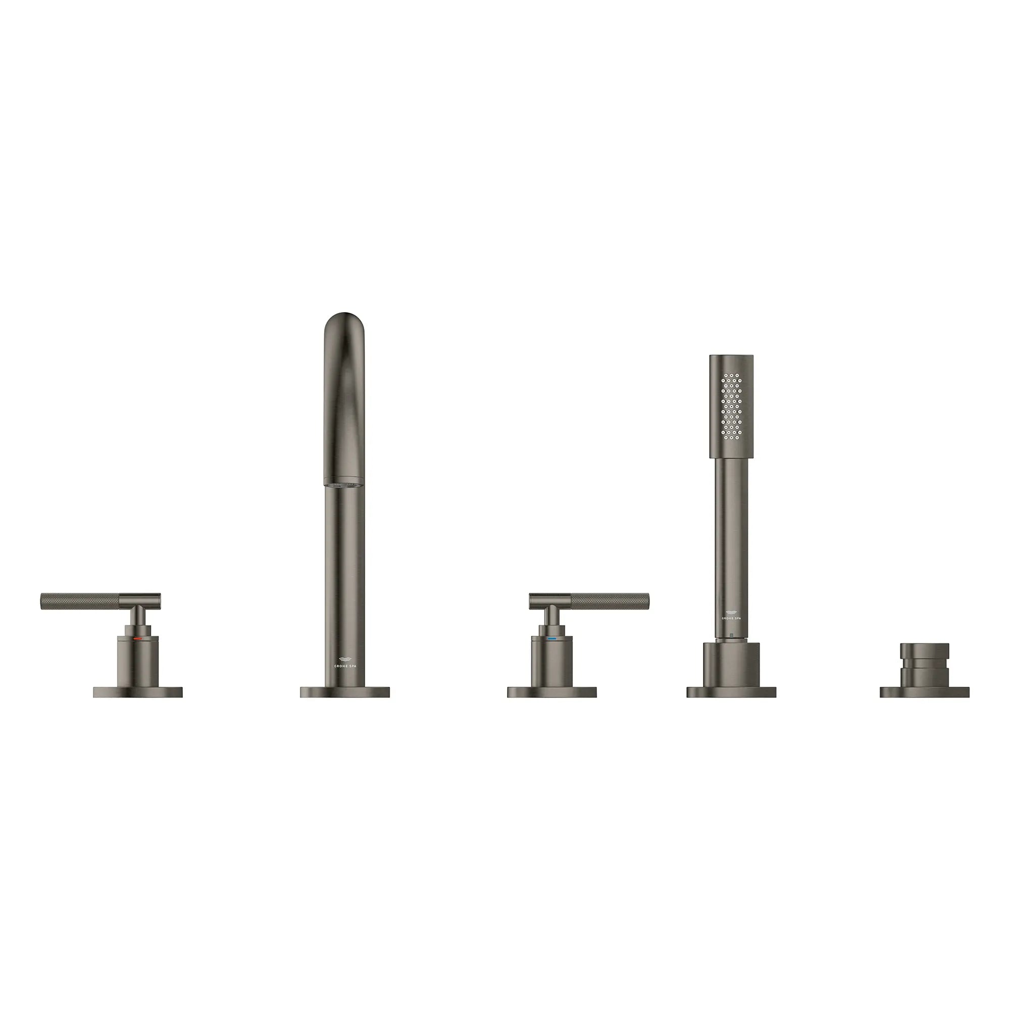 5-Hole 2-Handle Deck Mount Roman Tub Faucet with 6.6 L/min (1.75 GPM) Hand Shower // BRUSHED HARD GRAPHITE // 266623_Atrio_PC_SiloFront_25274AL00_48651AL00_0001_July2025_0_CDNwebp.webp