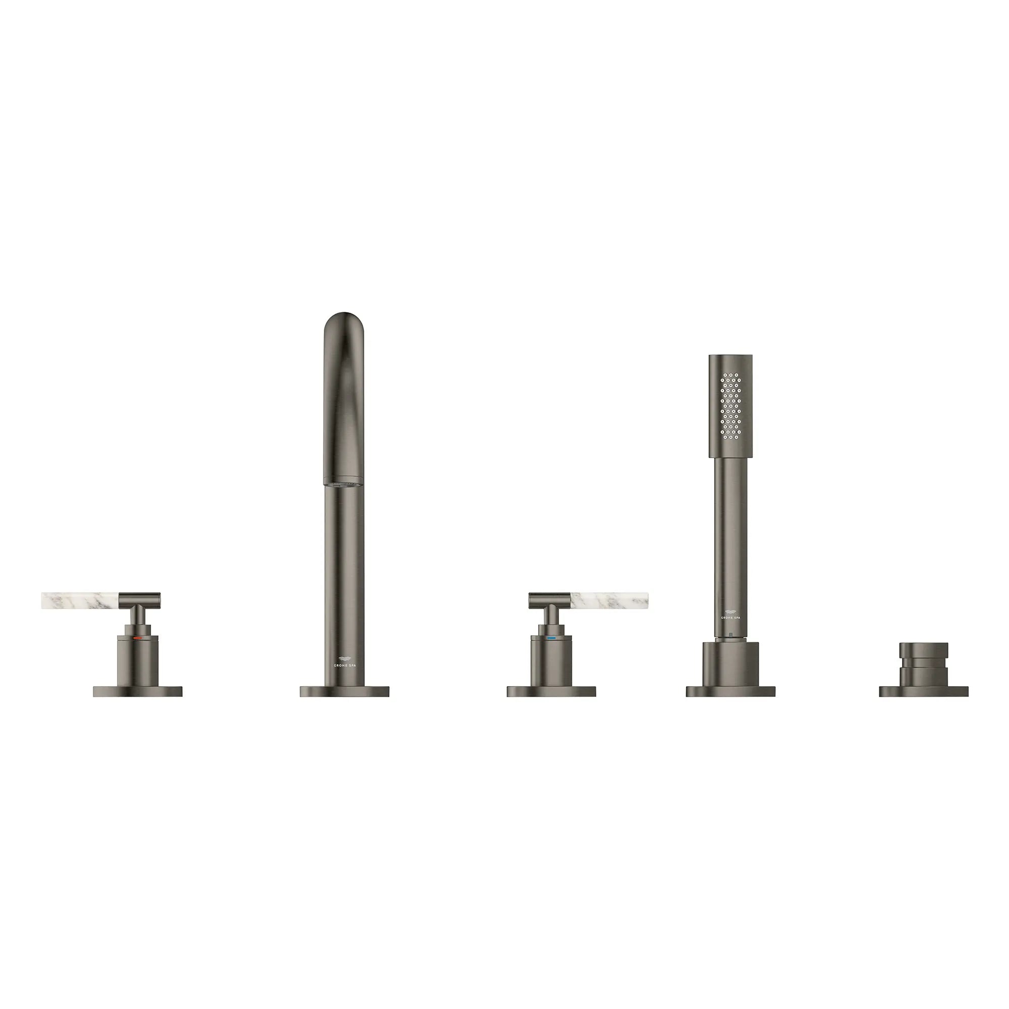 5-Hole 2-Handle Deck Mount Roman Tub Faucet with 6.6 L/min (1.75 GPM) Hand Shower // BRUSHED HARD GRAPHITE // 266633_Atrio_PC_SiloFront_25274AL00_48464AL00_0001_July2025_0_CDNwebp.webp