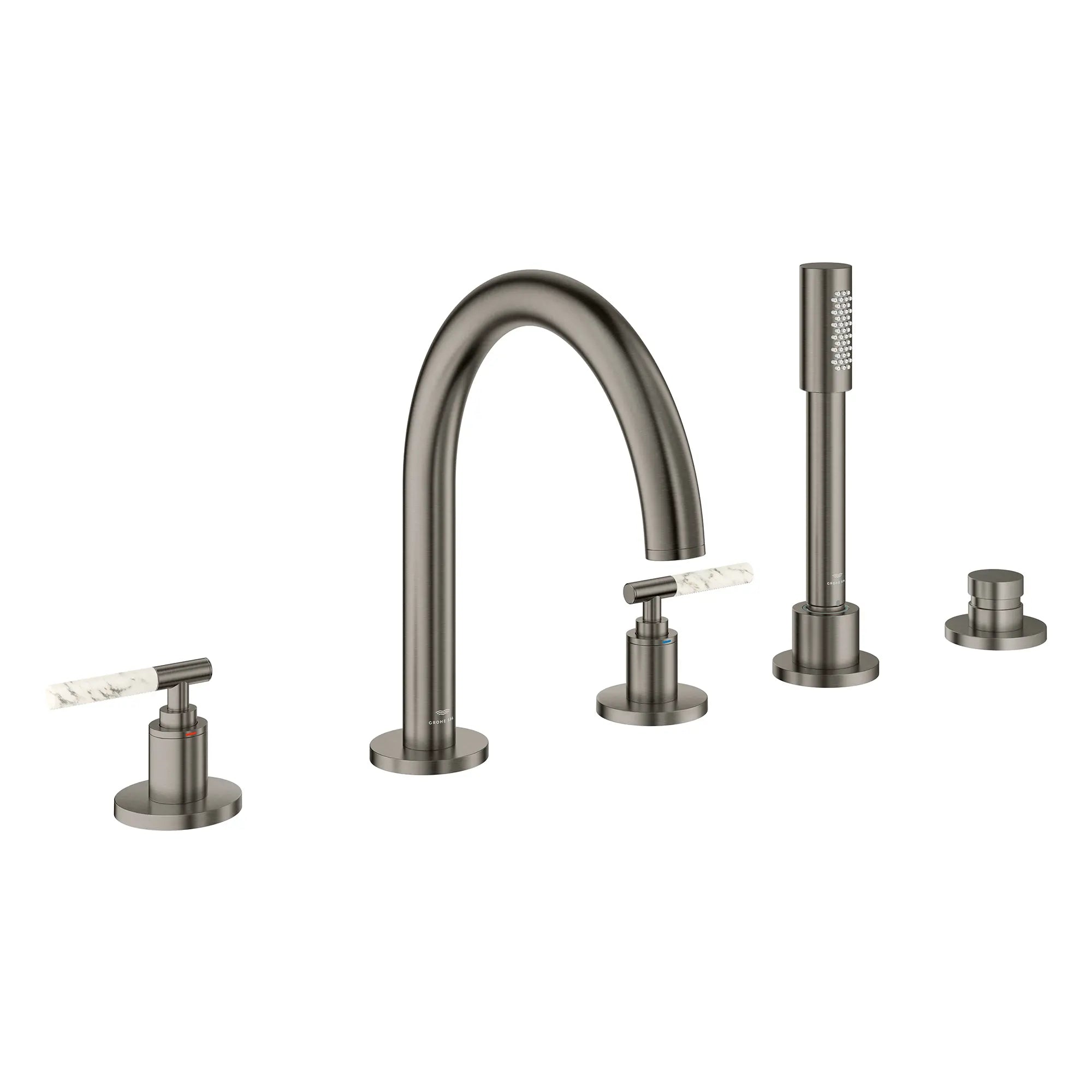 5-Hole 2-Handle Deck Mount Roman Tub Faucet with 6.6 L/min (1.75 GPM) Hand Shower // BRUSHED HARD GRAPHITE // 266635_Atrio_PC_SiloRight_25274AL00_48464AL00_0001_July2025_0_CDNwebp.webp