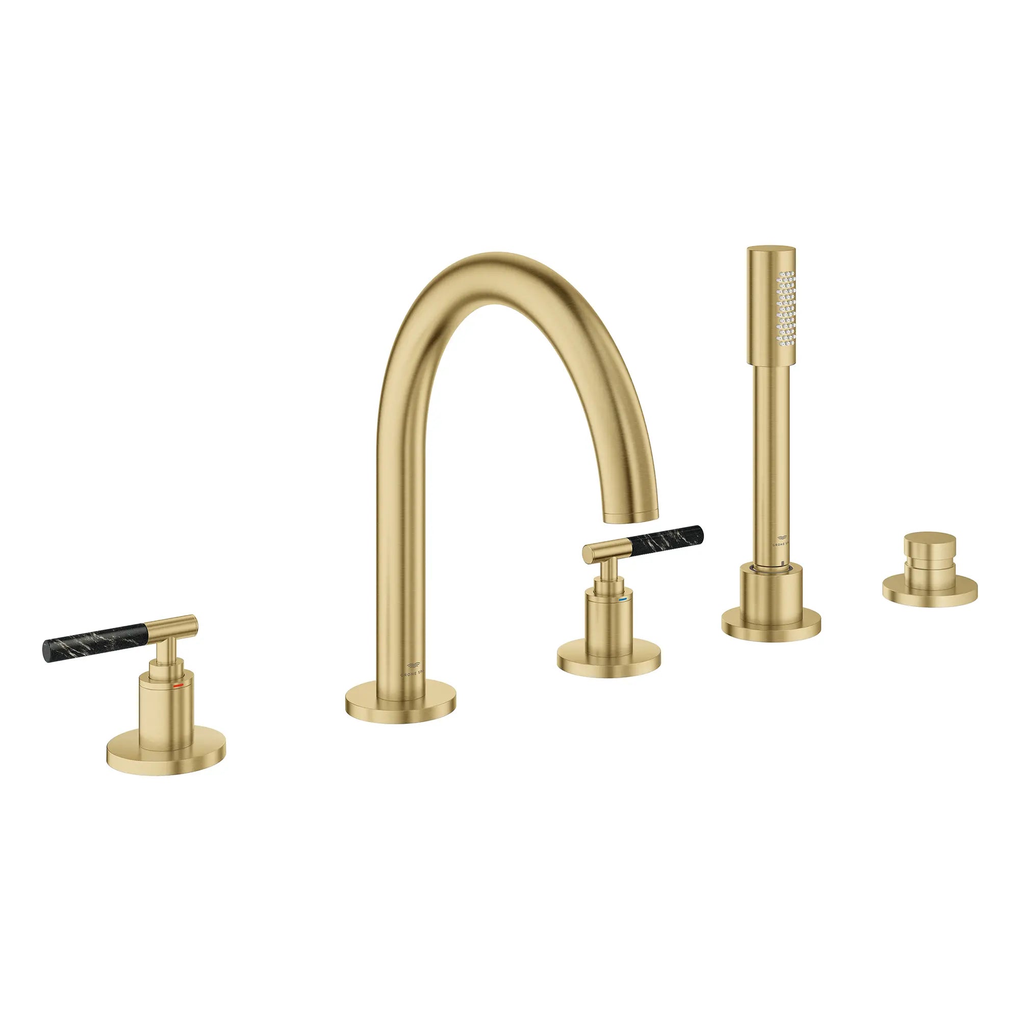 5-Hole 2-Handle Deck Mount Roman Tub Faucet with 6.6 L/min (1.75 GPM) Hand Shower // BRUSHED COOL SUNRISE // 266662_Atrio_PC_SiloRight_25274GN00_48465GN00_0001_July2025_0_CDNwebp.webp