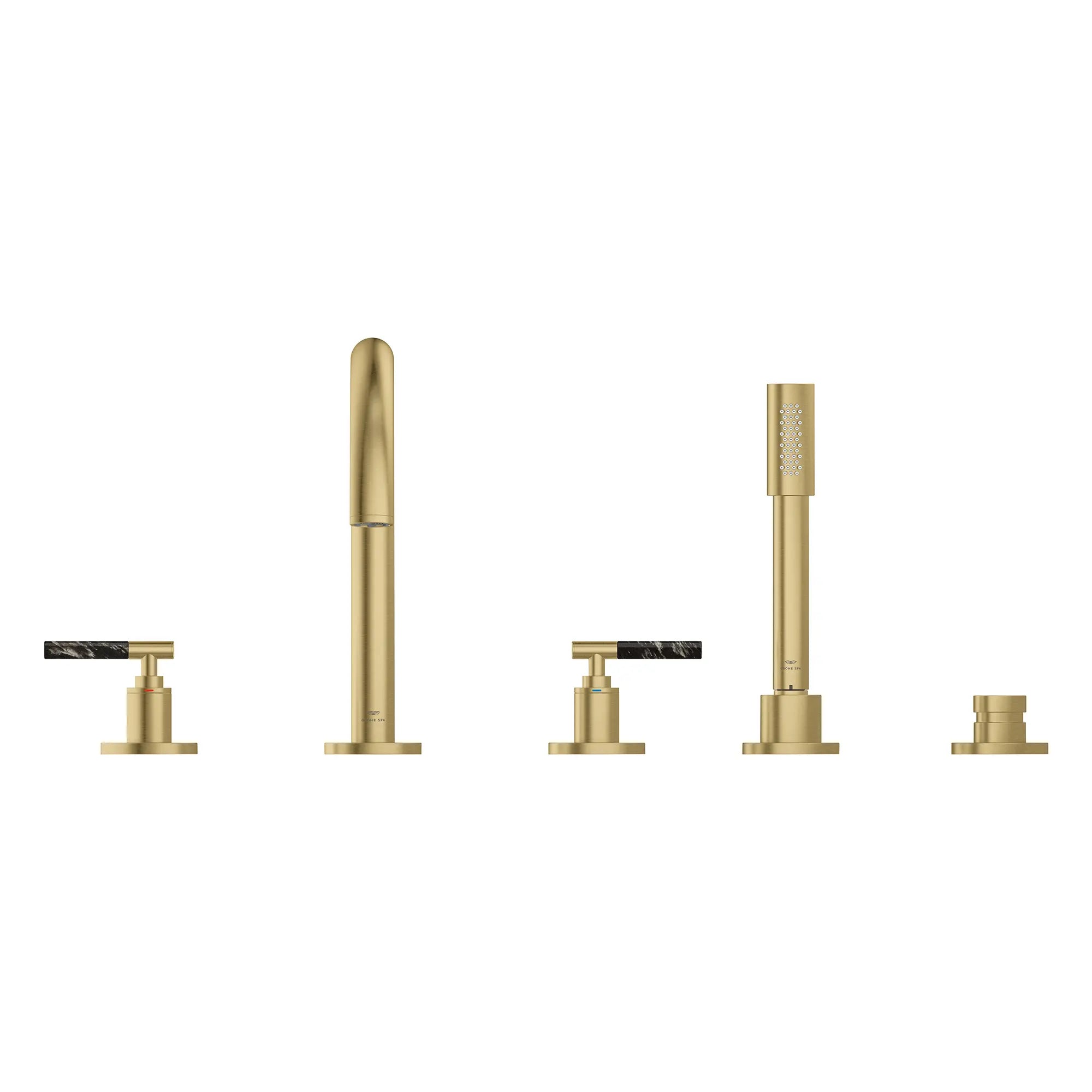 5-Hole 2-Handle Deck Mount Roman Tub Faucet with 6.6 L/min (1.75 GPM) Hand Shower // BRUSHED COOL SUNRISE // 266664_Atrio_PC_SiloFront_25274GN00_48465GN00_0001_July2025_0_CDNwebp.webp