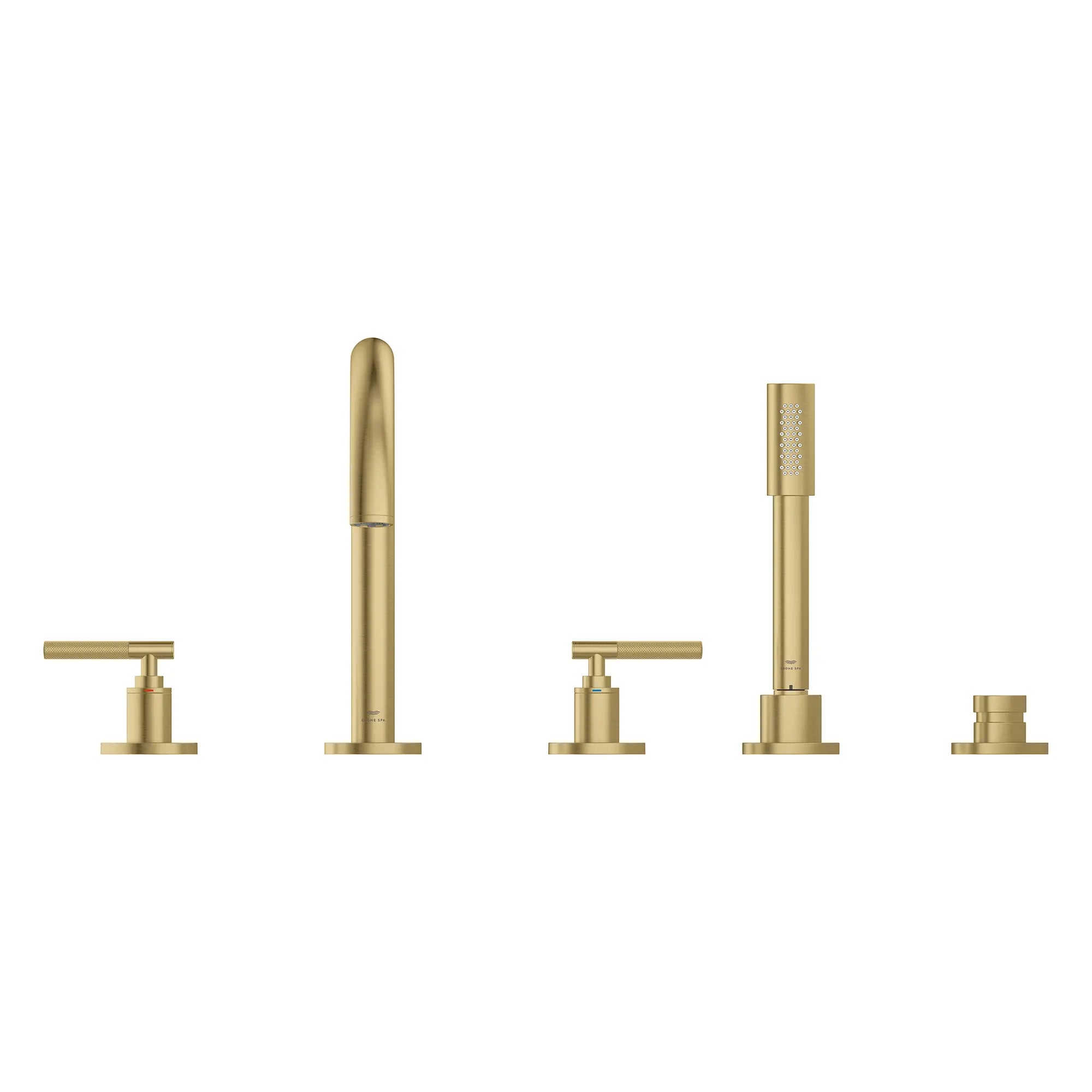 5-Hole 2-Handle Deck Mount Roman Tub Faucet with 6.6 L/min (1.75 GPM) Hand Shower // BRUSHED COOL SUNRISE // 266668_Atrio_PC_SiloFront_25274GN00_48646GN00_0001_July2025_0_CDNwebp.webp