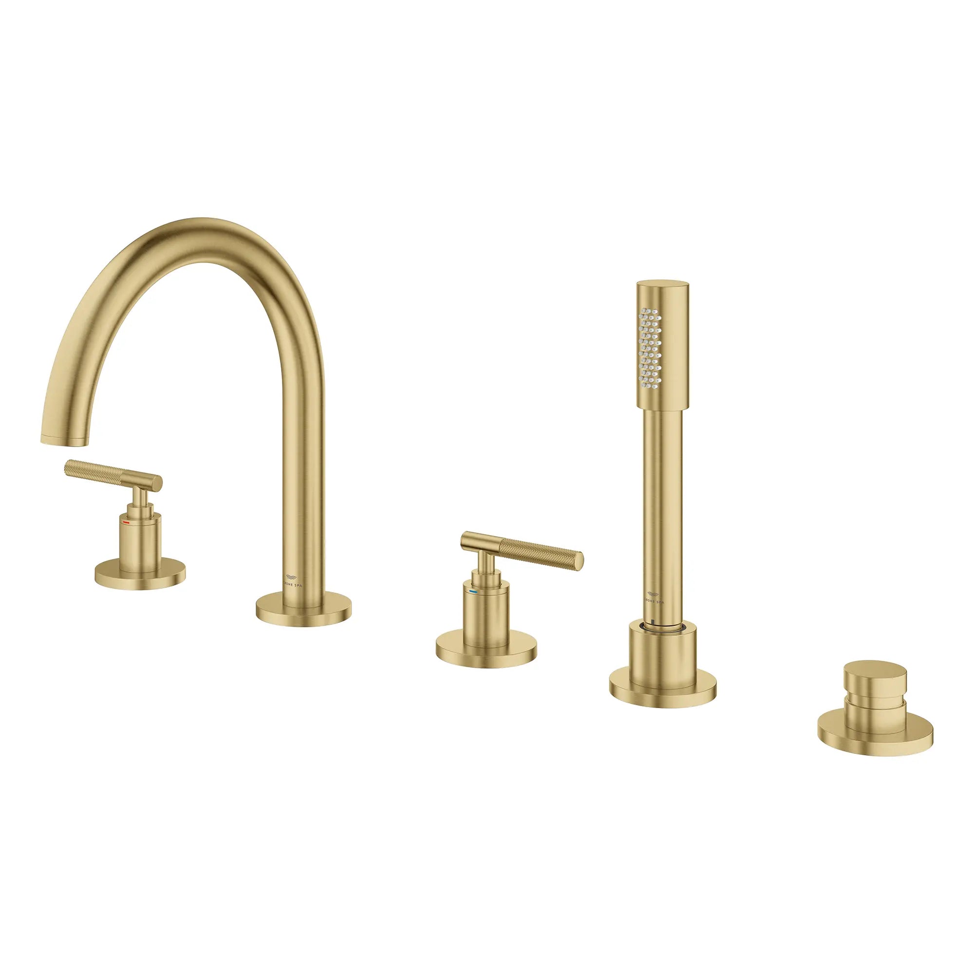 5-Hole 2-Handle Deck Mount Roman Tub Faucet with 6.6 L/min (1.75 GPM) Hand Shower // BRUSHED COOL SUNRISE // 266669_Atrio_PC_SiloLeft_25274GN00_48646GN00_0001_July2025_0_CDNwebp.webp
