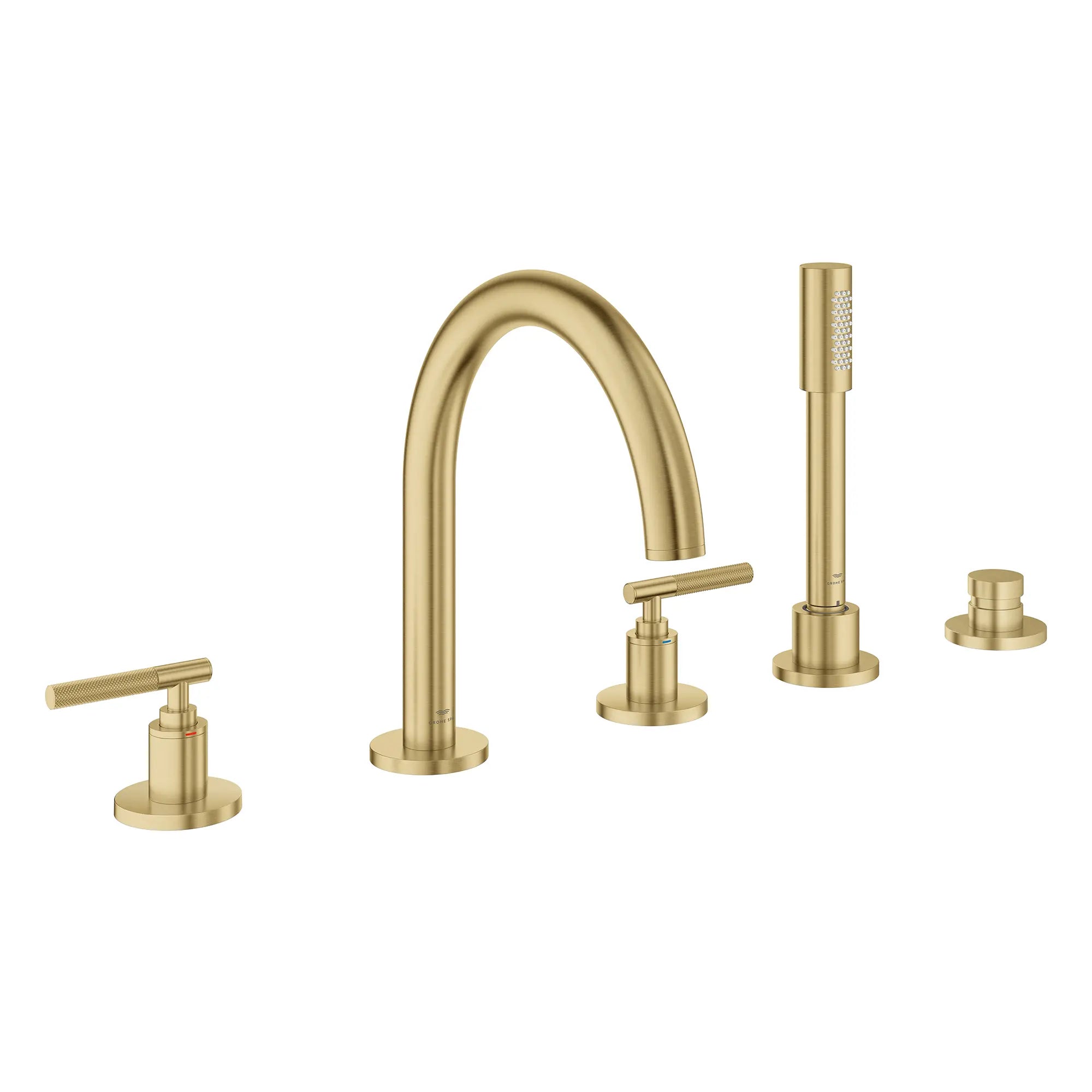 5-Hole 2-Handle Deck Mount Roman Tub Faucet with 6.6 L/min (1.75 GPM) Hand Shower // BRUSHED COOL SUNRISE // 266670_Atrio_PC_SiloRight_25274GN00_48646GN00_0001_July2025_0_CDNwebp.webp