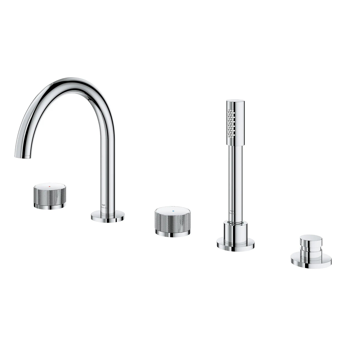 Atrio Private Collection 5-Hole 2-Handle Deckmount Tub Filler with Knob Handles with 1.75 GPM Hand Shower // GROHE STARLIGHT CHROME // 266680_Atrio_PC_SiloLeft_1053500000_0001_July2025_0_CDNwebp.webp