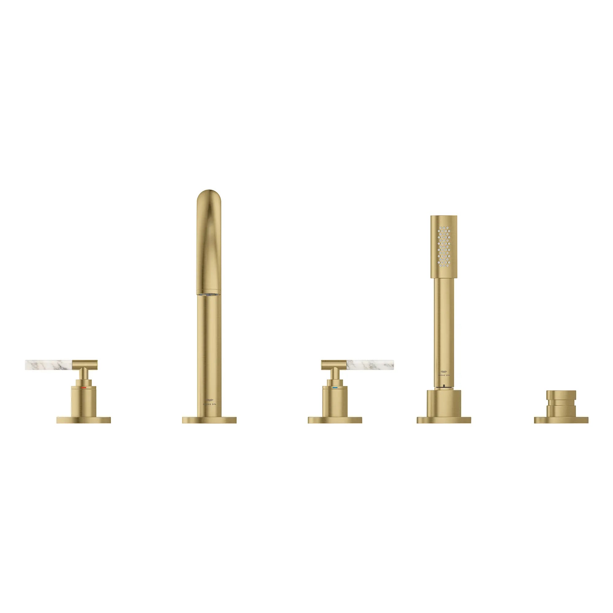 5-Hole 2-Handle Deck Mount Roman Tub Faucet with 6.6 L/min (1.75 GPM) Hand Shower // BRUSHED COOL SUNRISE // 267782_Atrio_PC_SiloFront_25274GN00_48464GN00_0001_July2025_0_CDNwebp.webp