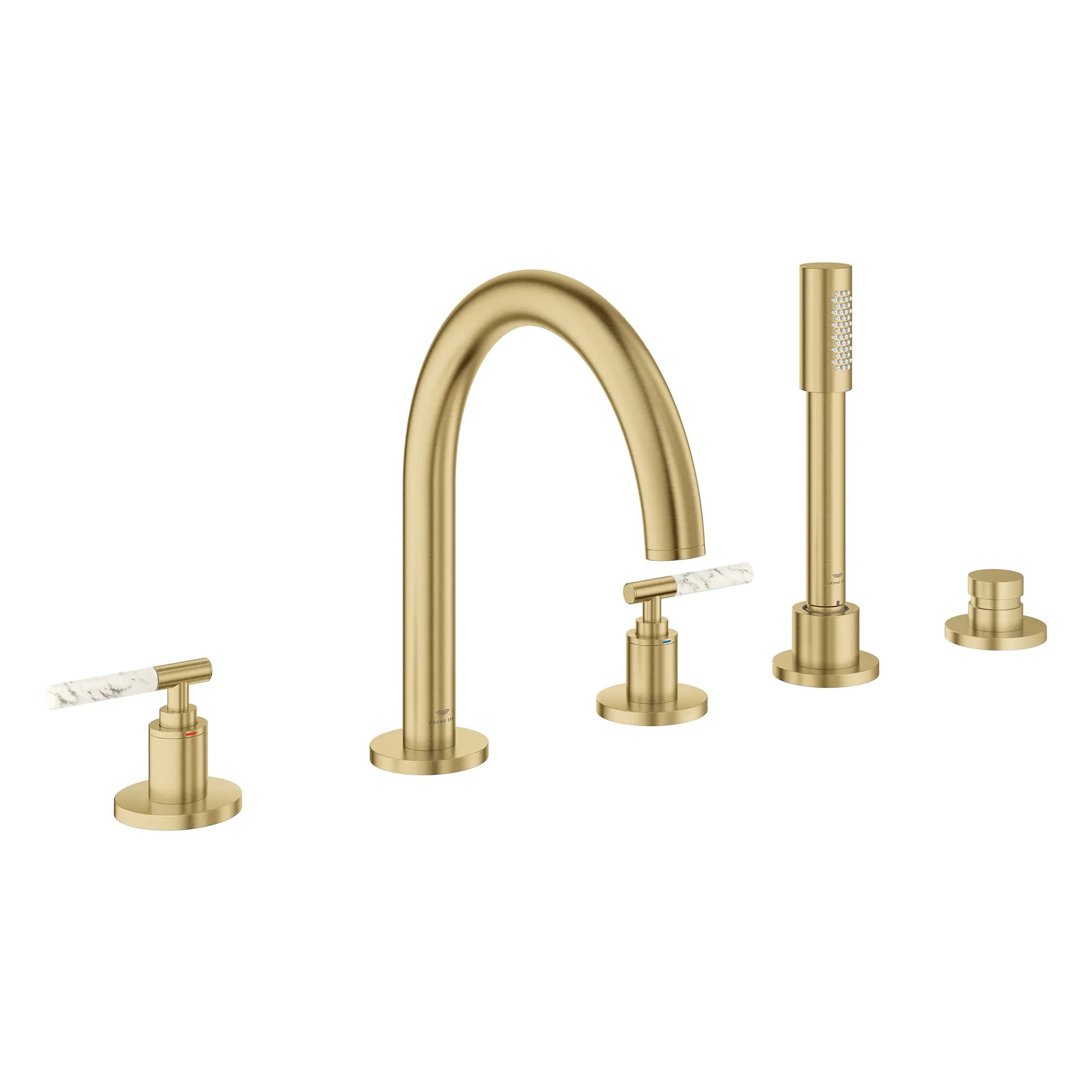 5-Hole 2-Handle Deck Mount Roman Tub Faucet with 6.6 L/min (1.75 GPM) Hand Shower // BRUSHED COOL SUNRISE // 267784_Atrio_PC_SiloRight_25274GN00_48464GN00_0001_July2025_0_CDNwebp.webp