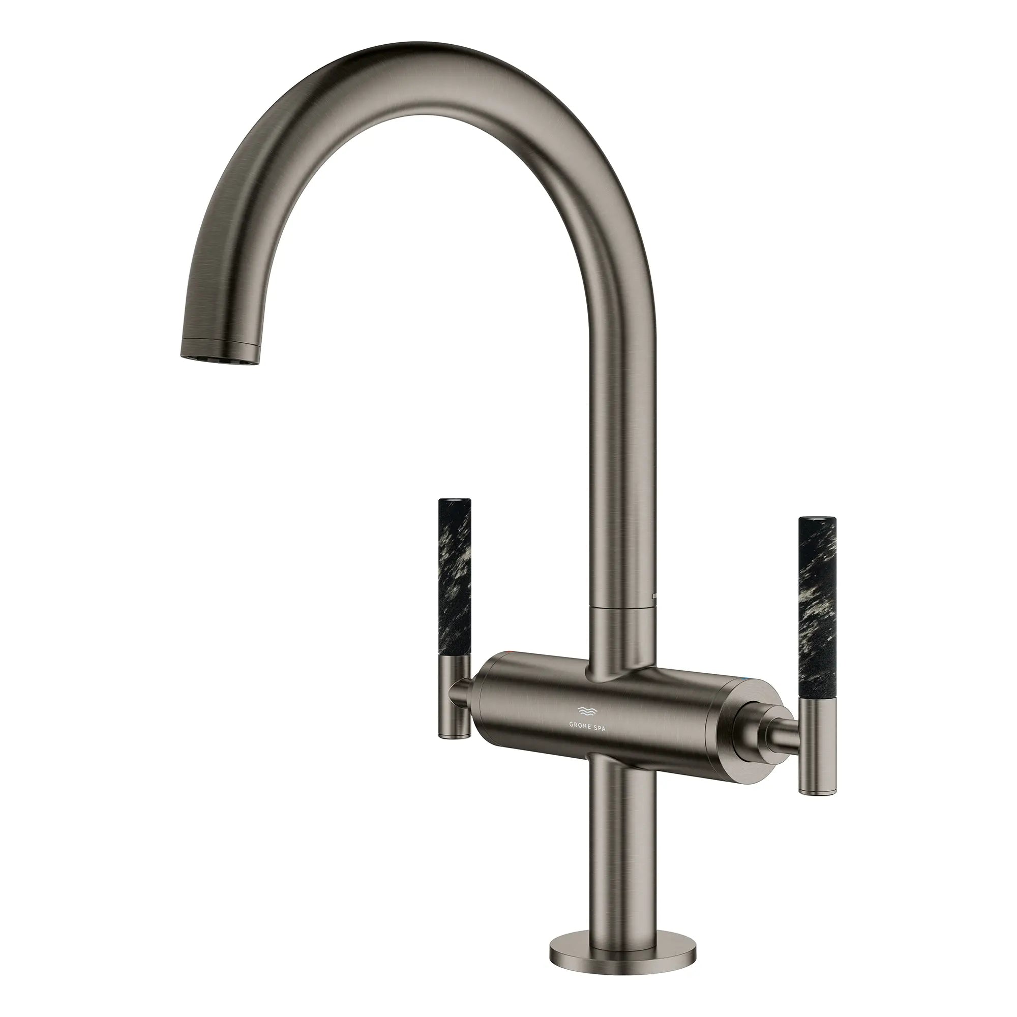 Atrio Single Hole Two-Handle L-Size Bathroom Faucet without Handles, 1.2 GPM (4.5 L/min) // BRUSHED HARD GRAPHITE // 269182_Atrio_PC_SiloLeft_21146AL00_48459AL0_August2025_0_CDNwebp.webp