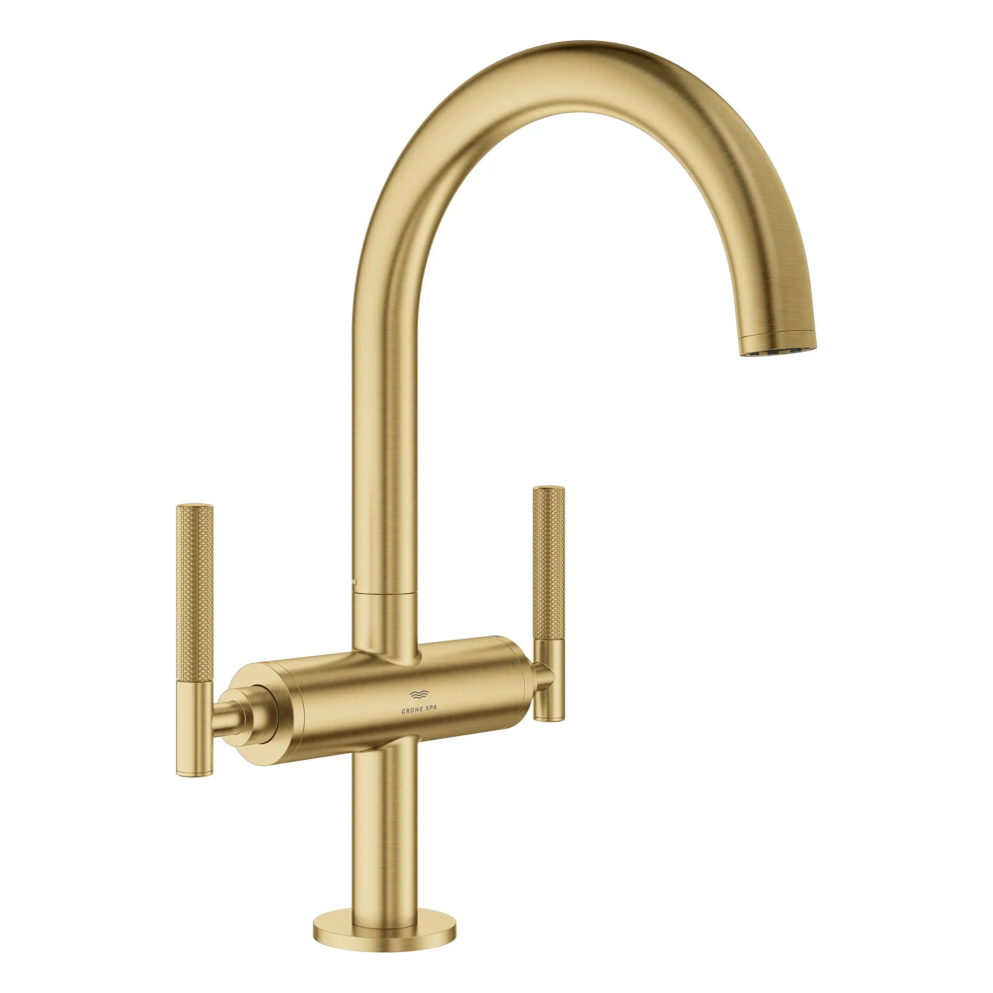 Atrio Single Hole Two-Handle L-Size Bathroom Faucet without Handles, 1.2 GPM (4.5 L/min) // BRUSHED COOL SUNRISE // 269231_Atrio_PC_SiloRight_21146GN00_48646GN0_August2025_0_CDNwebp.webp