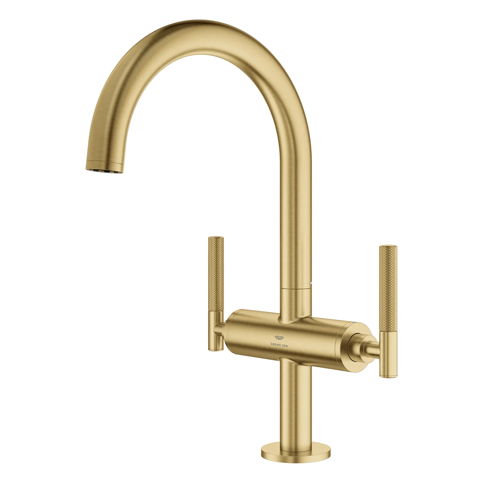 Atrio Single Hole Two-Handle L-Size Bathroom Faucet without Handles, 1.2 GPM (4.5 L/min) // BRUSHED COOL SUNRISE // 269238_Atrio_PC_SiloLeft_21146GN00_48646GN0_August2025_0_CDNwebp.webp