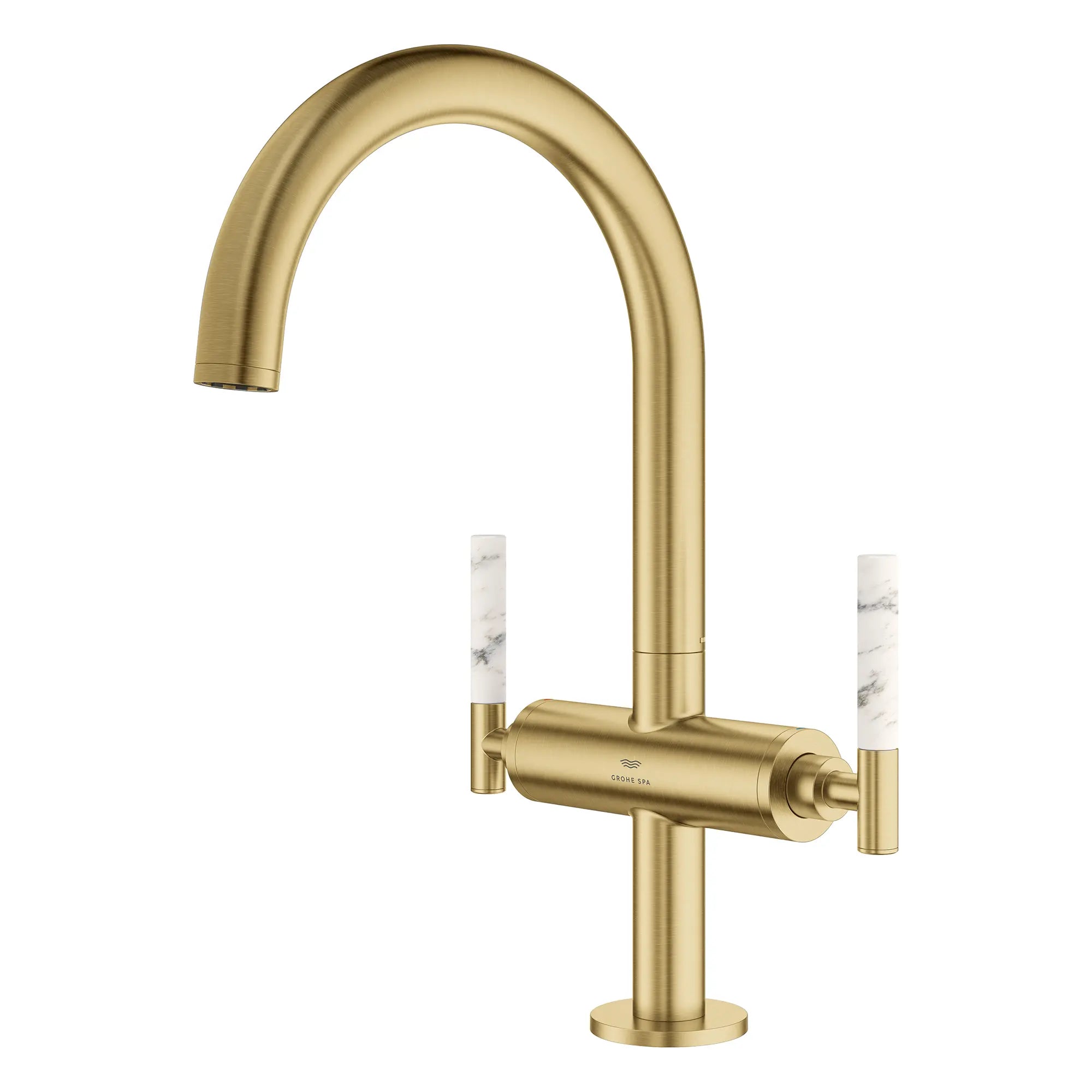 Atrio Single Hole Two-Handle L-Size Bathroom Faucet without Handles, 1.2 GPM (4.5 L/min) // BRUSHED COOL SUNRISE // 269239_Atrio_PC_SiloLeft_21146GN00_48458GN0_August2025_0_CDNwebp.webp