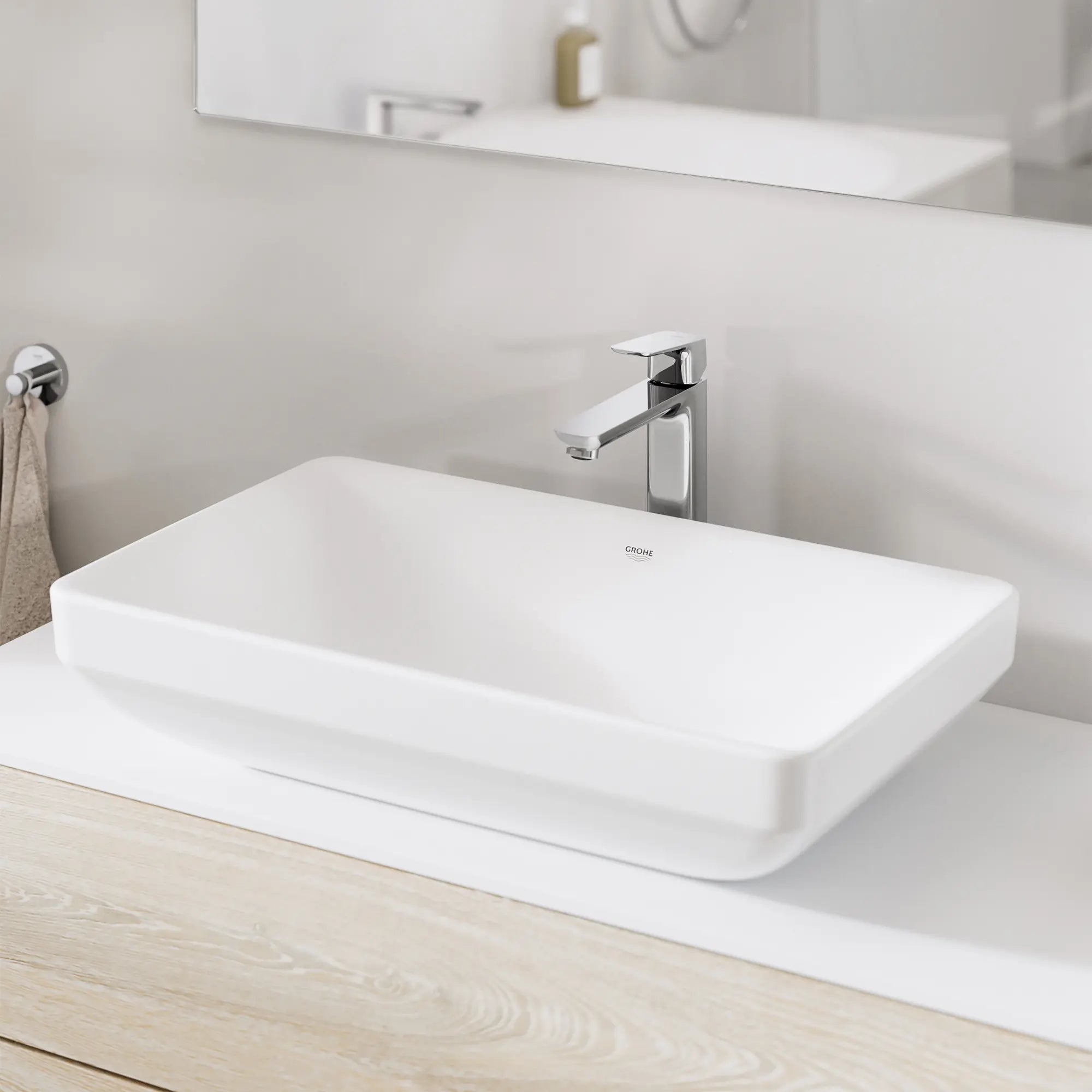 Cubeo Single Hole Single Handle M-Size Bathroom Faucet, 1.2 gpm (4.5L/min) // GROHE STARLIGHT CHROME // 270997_Cubeo_EnvironmentCloseUp_101920000_0002_MAY2025_0_CDNwebp.webp