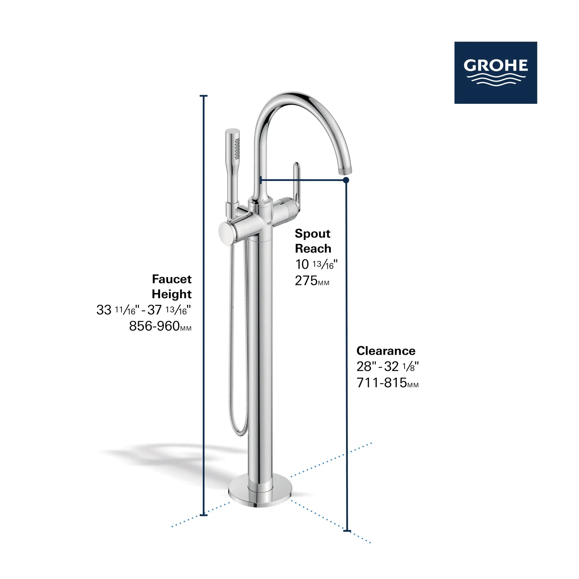 Listra Single-Handle Freestanding Tub Faucet with 1.75 gpm (6.6L/min) Hand Shower // GROHE STARLIGHT CHROME // 278733_Listra_Infographic_106256_0001_Nov2025_1_CDNwebp.webp