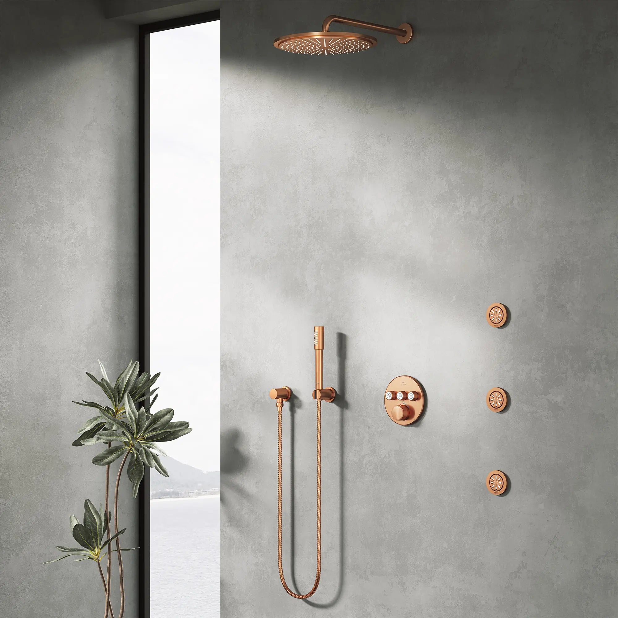 Rainshower Round  Handshower Wall Mount Holder // BRUSHED WARM SUNSET // 281322_Rainshower_EnvironmentCloseUp_112096DL0_28540DL0_29138DL0_26866DL0_26994DL0_27074DL0_26634DL0_26844DL0_0001_NOVEMBER2025_1_CDNwebp.webp