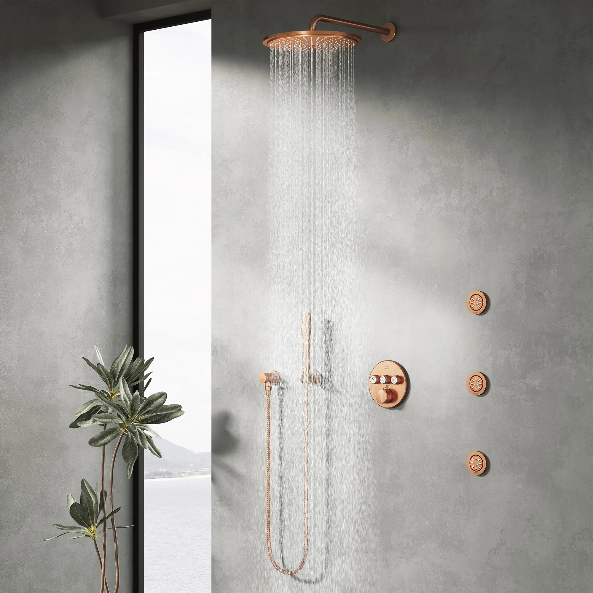 Rainshower Round  Handshower Wall Mount Holder // BRUSHED WARM SUNSET // 281328_Rainshower_EnvironmentCloseUp_112096DL0_28540DL0_29138DL0_26866DL0_26994DL0_27074DL0_26634DL0_26844DL0_0002_NOVEMBER2025_1_CDNwebp.webp
