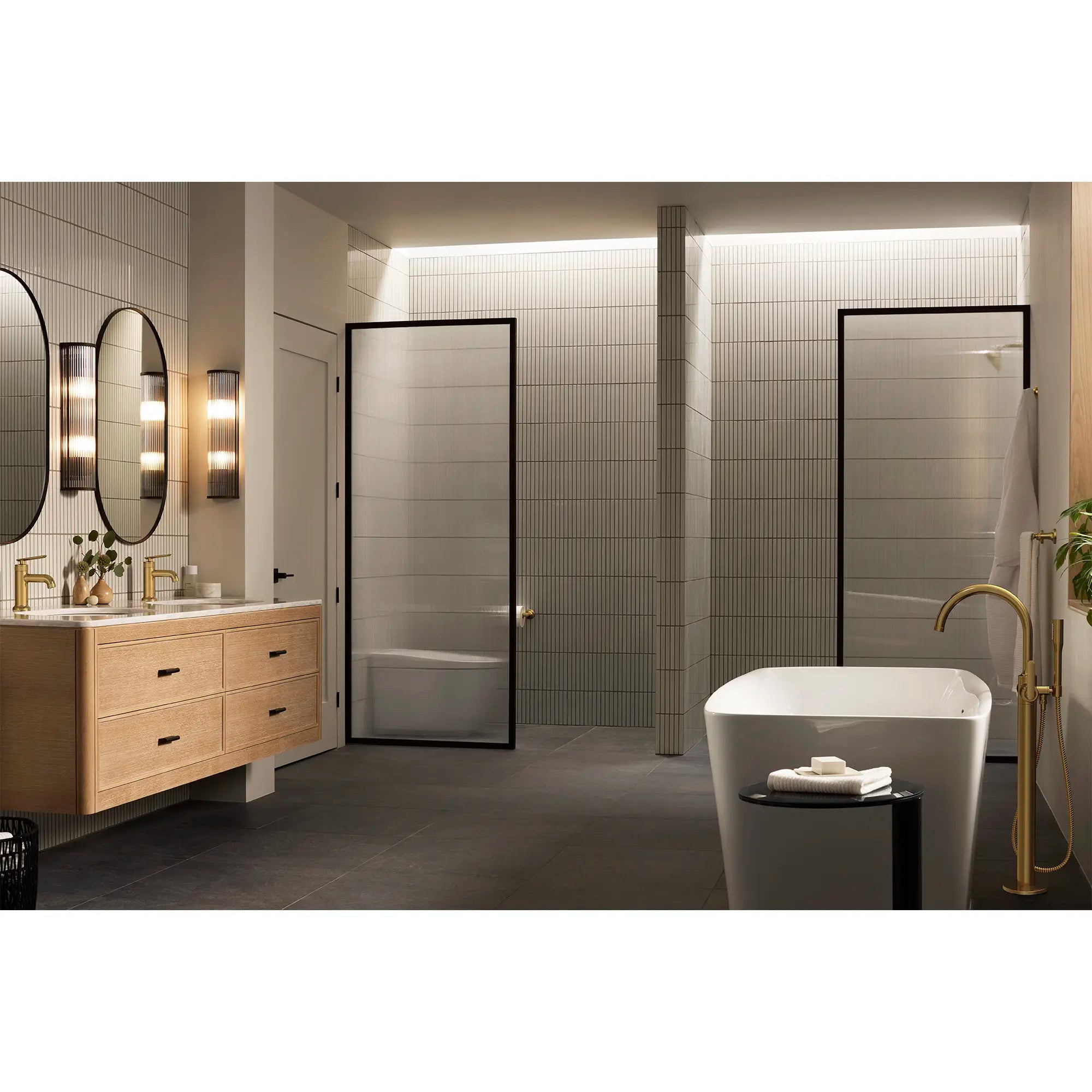 Listra Single-Handle Freestanding Tub Faucet with 1.75 gpm (6.6L/min) Hand Shower // BRUSHED COOL SUNRISE // 282583_Listra_EnvironmentFull_106215GN00_106256GN00_0001_JANUARY2026_1_CDNwebp.webp