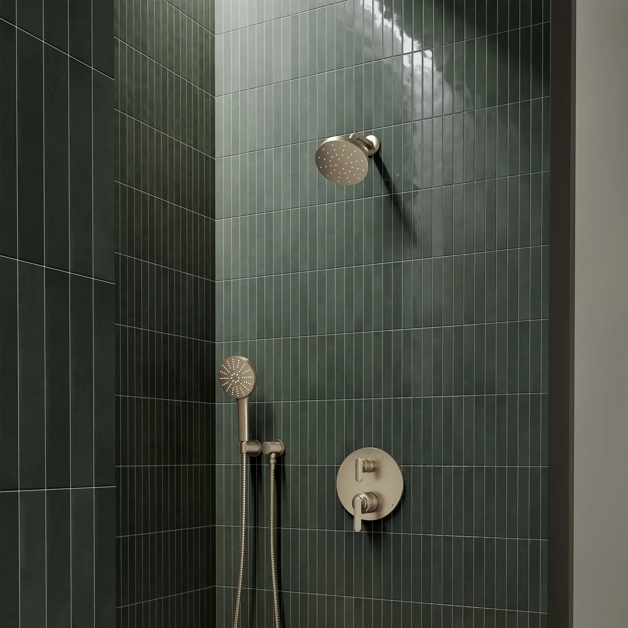 Euphoria 140 with AquaBooster Round Single Spray Shower Head 1.75 GPM (6.6L/min) // BRUSHED NICKEL INFINITYFINISH // 287488_Aqua_Booster_EnvironmentCloseUp_111714EN00_106235EN00_0001_MARCH2026_0_CDNwebp.webp