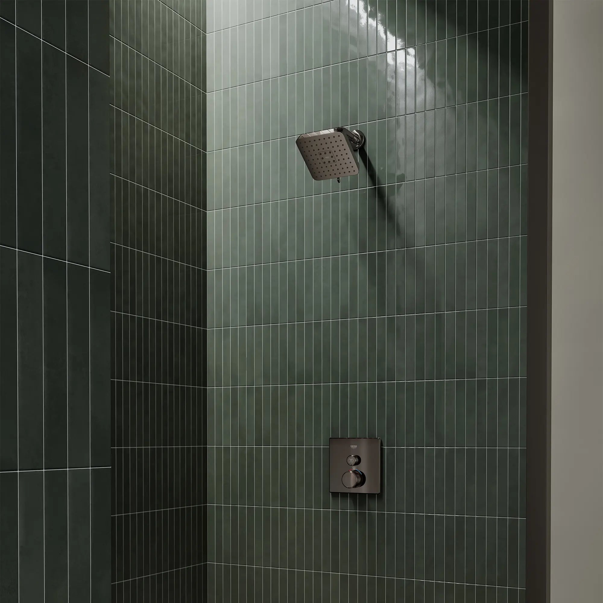 Euphoria 140 with AquaBooster Square Multi Spray Shower Head 1.75 GPM (6.6L/min) // HARD GRAPHITE // 287502_Aqua_Booster_EnvironmentCloseUp_111721A000_29140A000_0001_MARCH2026_0_CDNwebp.webp