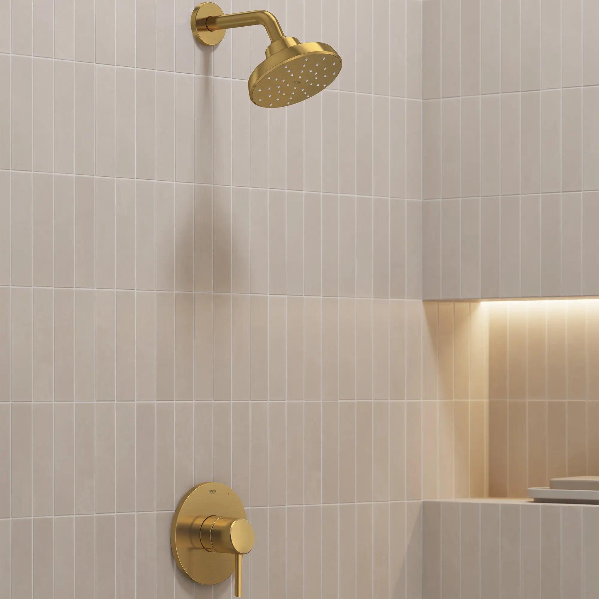 Tempesta 140 with AquaBooster Round Single Spray Shower Head 1.75 GPM (6.6L/min) // BRUSHED COOL SUNRISE // 287508_Aqua_Booster_EnvironmentCloseUp_111727GN00_14468GN00_0001_MARCH2026_0_CDNwebp.webp