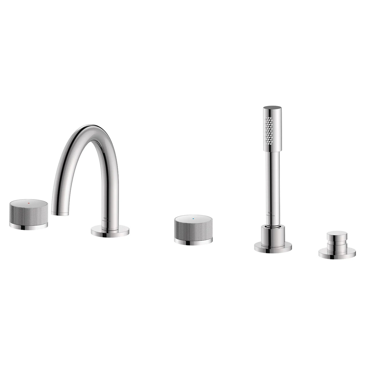 Atrio Private Collection 5-Hole 2-Handle Deckmount Tub Filler with Knob Handles with 1.75 GPM Hand Shower // GROHE STARLIGHT CHROME // 288362_Atrio_PC_SiloLeft_1053500000_0001_JUNE2026_1_CDNwebp.webp