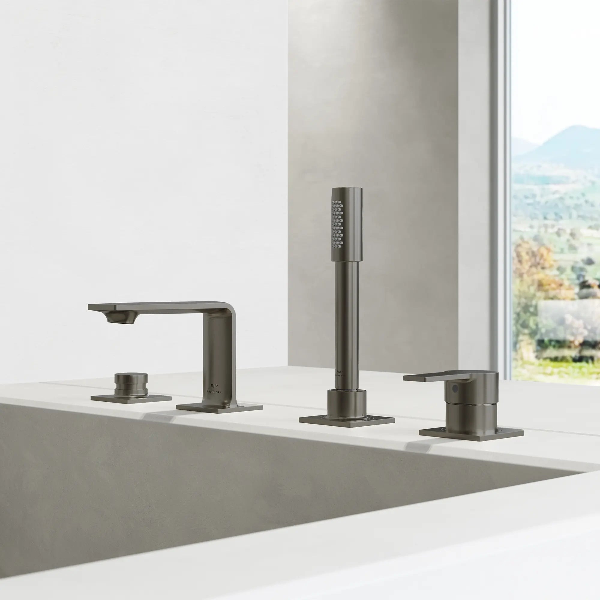 4-Hole Single-Handle Deck Mount Roman Tub Faucet with 1.75 GPM Hand Shower // BRUSHED HARD GRAPHITE // 288564_Allure_EnvironmentCloseUp_19316AL1_0001_April2026V2_0_CDNwebp.webp