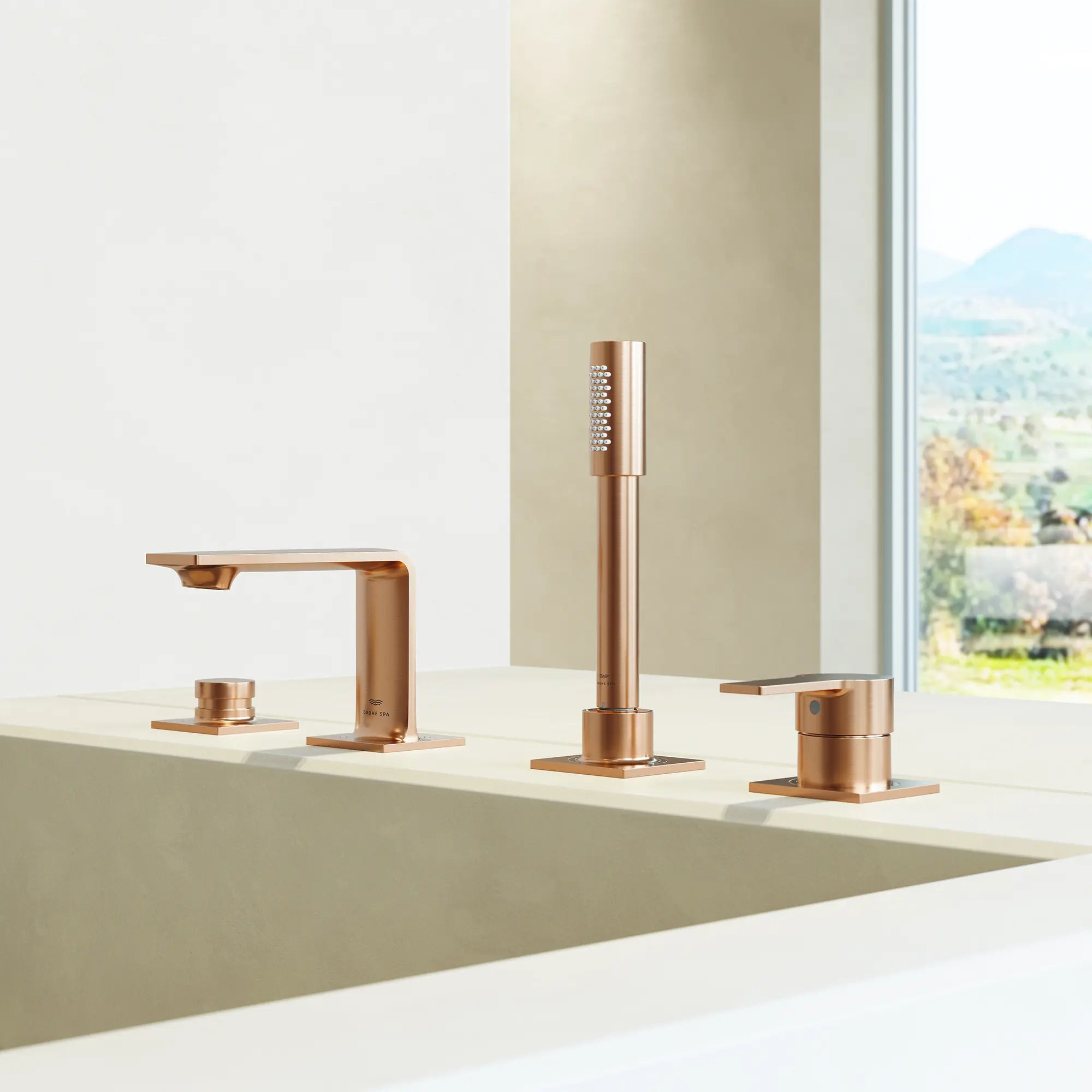 4-Hole Single-Handle Deck Mount Roman Tub Faucet with 1.75 GPM Hand Shower // BRUSHED WARM SUNSET // 288565_Allure_EnvironmentCloseUp_19316DL1_0001_April2026_0_CDNwebp.webp