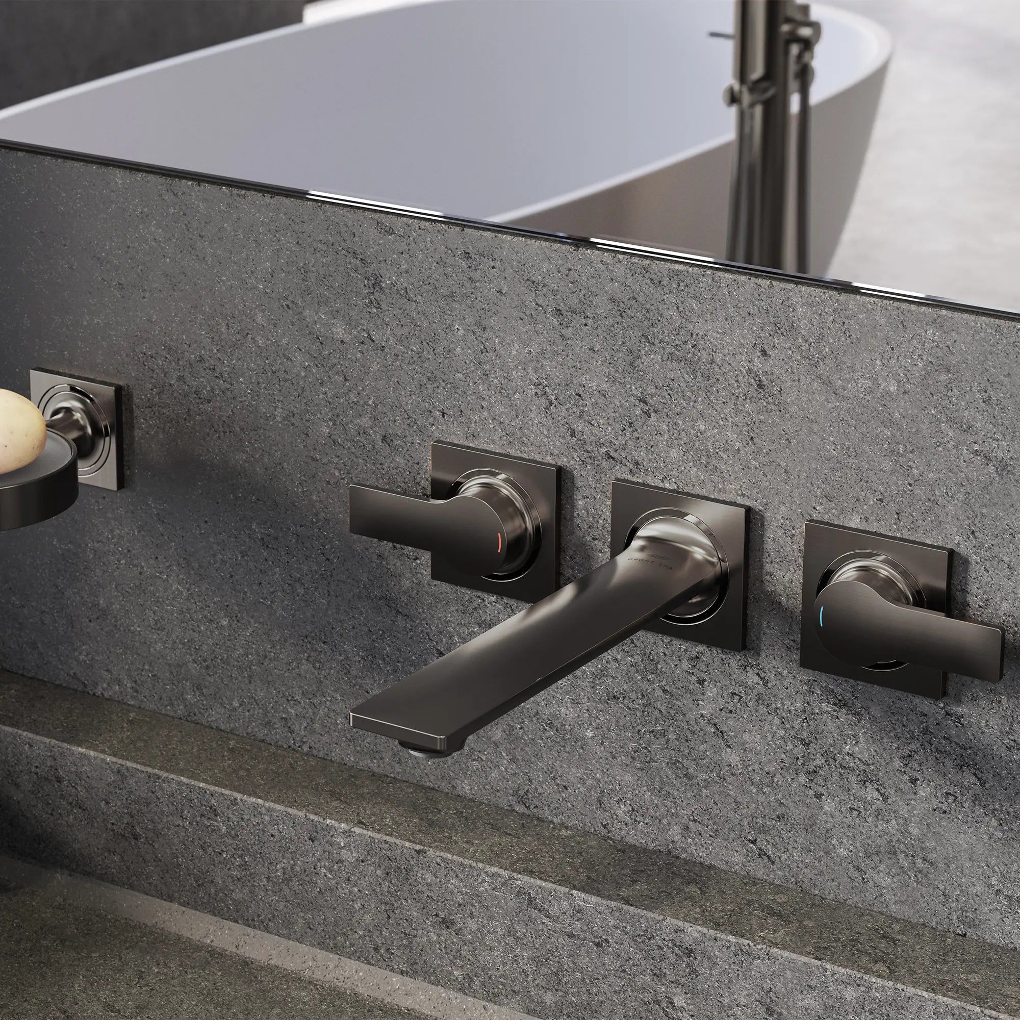 2-Handle Wall Mount Faucet 1.2 GPM // BRUSHED HARD GRAPHITE // 288566_Allure_EnvironmentCloseUp_20586AL1_0001_April2026_0_CDNwebp.webp