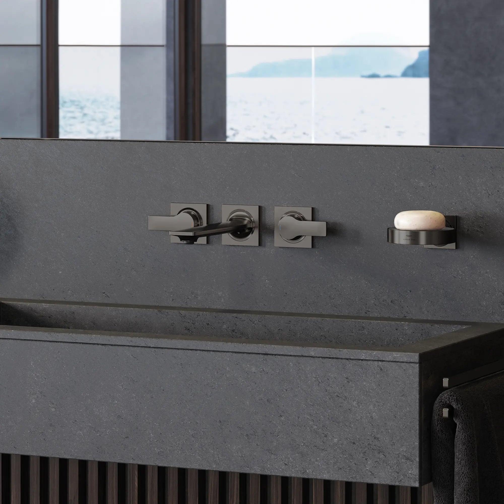 2-Handle Wall Mount Faucet 1.2 GPM // BRUSHED HARD GRAPHITE // 288567_Allure_EnvironmentCloseUp_20586AL1_0003_April2026_0_CDNwebp.webp