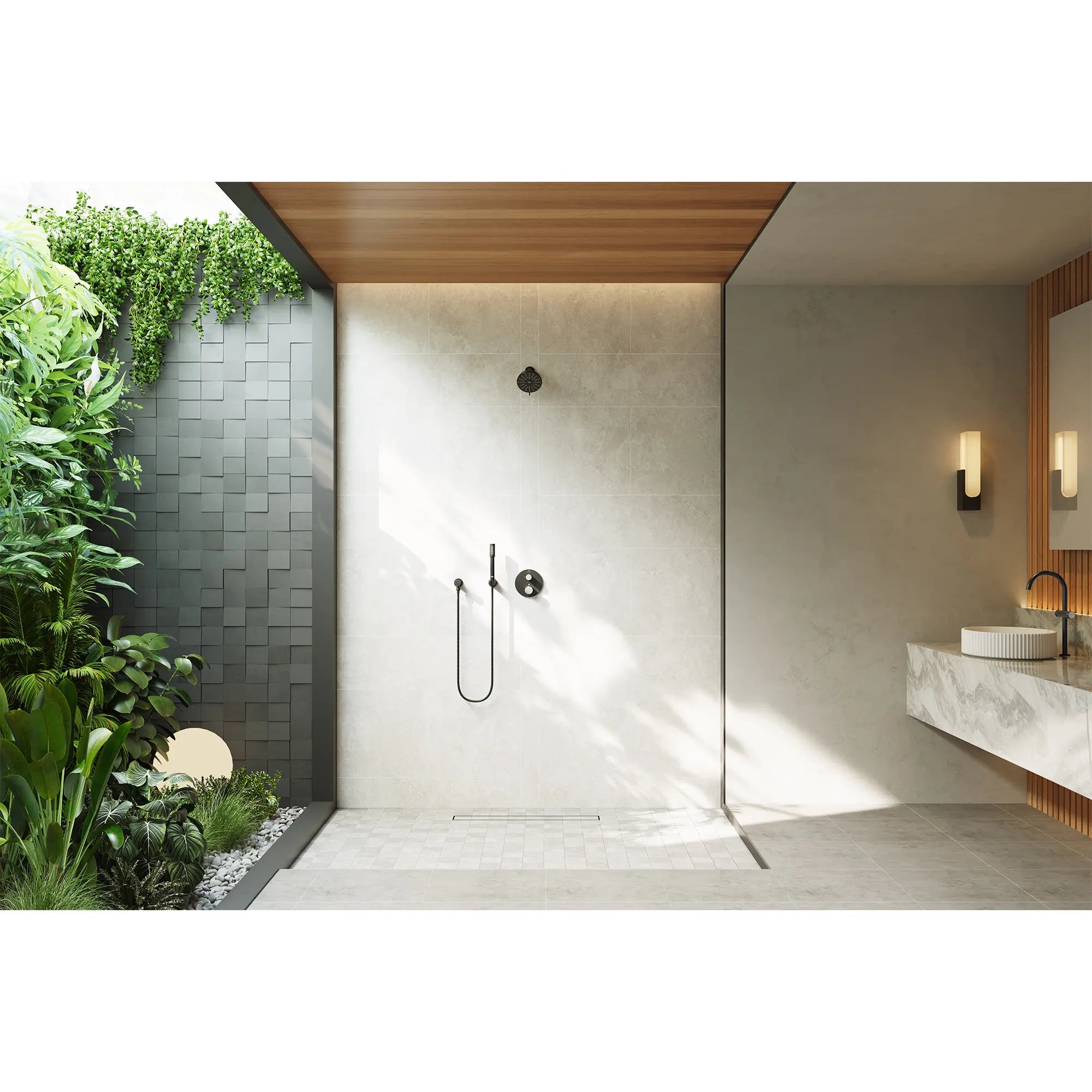Rainshower Aqua 140 Multi Spray 5 1/2" Shower Head with AquaBooster 1.75 GPM (6.6 L/min) // MATTE BLACK // 289356_Env.D-Atrio_PC_EnviromentFull_1053422430_0001_MAY2026_1_CDNwebp.webp