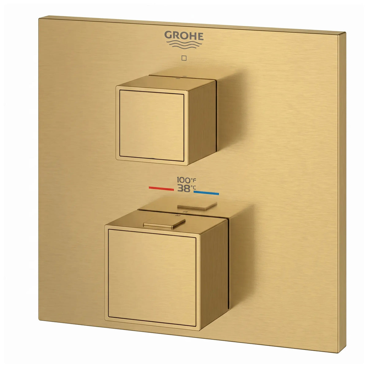 Grohtherm Cube Single Function 2-Handle Thermostatic Valve Trim // BRUSHED COOL SUNRISE // 289635_Grohtherm_SiloLeft_24157GN0_0001_Aug2026_0_CDNwebp.webp