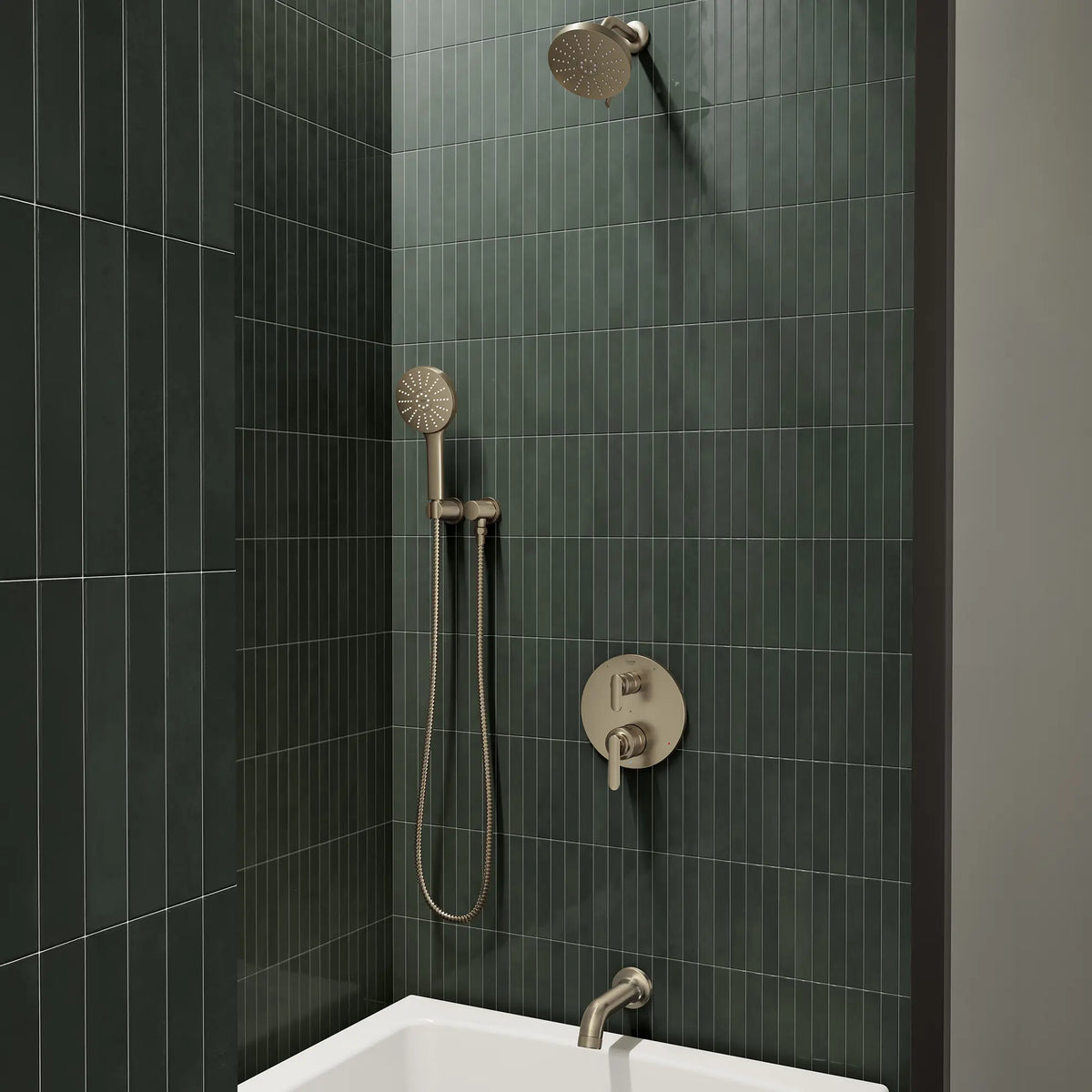 Euphoria 140 with AquaBooster Round Multi Spray Shower Head 1.75 GPM (6.6L/min) // BRUSHED NICKEL INFINITYFINISH // 289780_Aqua_Booster_EnvironmentCloseUp_111716EN00_106235EN00_106217EN00_0001_JANUARY2026_2_CDNwebp.webp