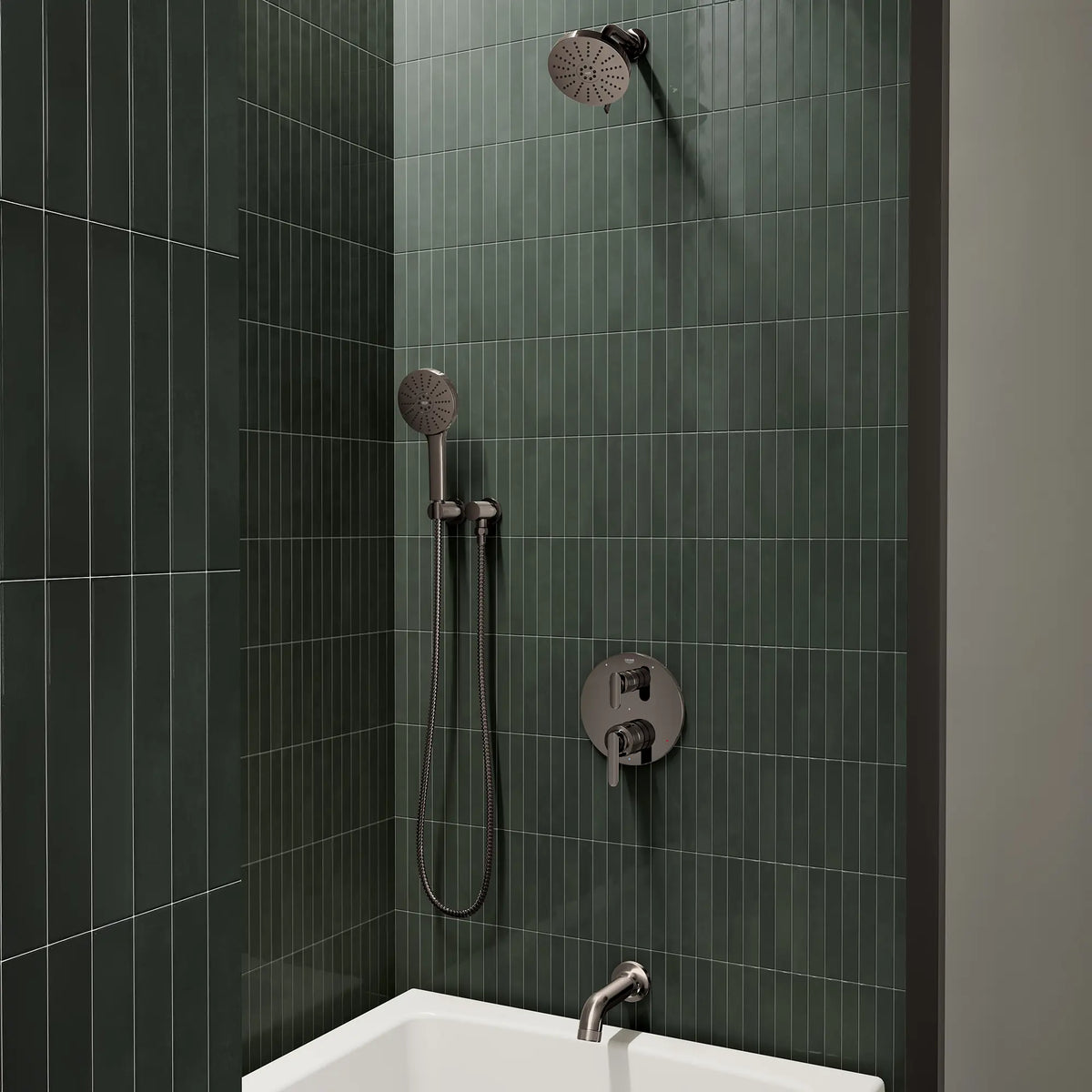 Euphoria 140 with AquaBooster Round Multi Spray Shower Head 1.75 GPM (6.6L/min) // HARD GRAPHITE // 289781_Aqua_Booster_EnvironmentCloseUp_111716A000_106235A000_106217A000_0001_JANUARY2026_1_CDNwebp.webp