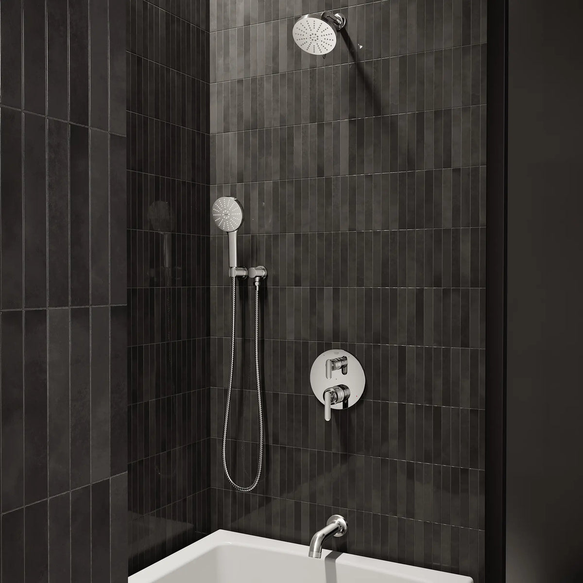Euphoria 140 with AquaBooster Round Multi Spray Shower Head 1.75 GPM (6.6L/min) // GROHE STARLIGHT CHROME // 289785_Aqua_Booster_EnvironmentCloseUp_1117160000_1062350000_1062170000_0001_JANUARY2026_1_CDNwebp.webp