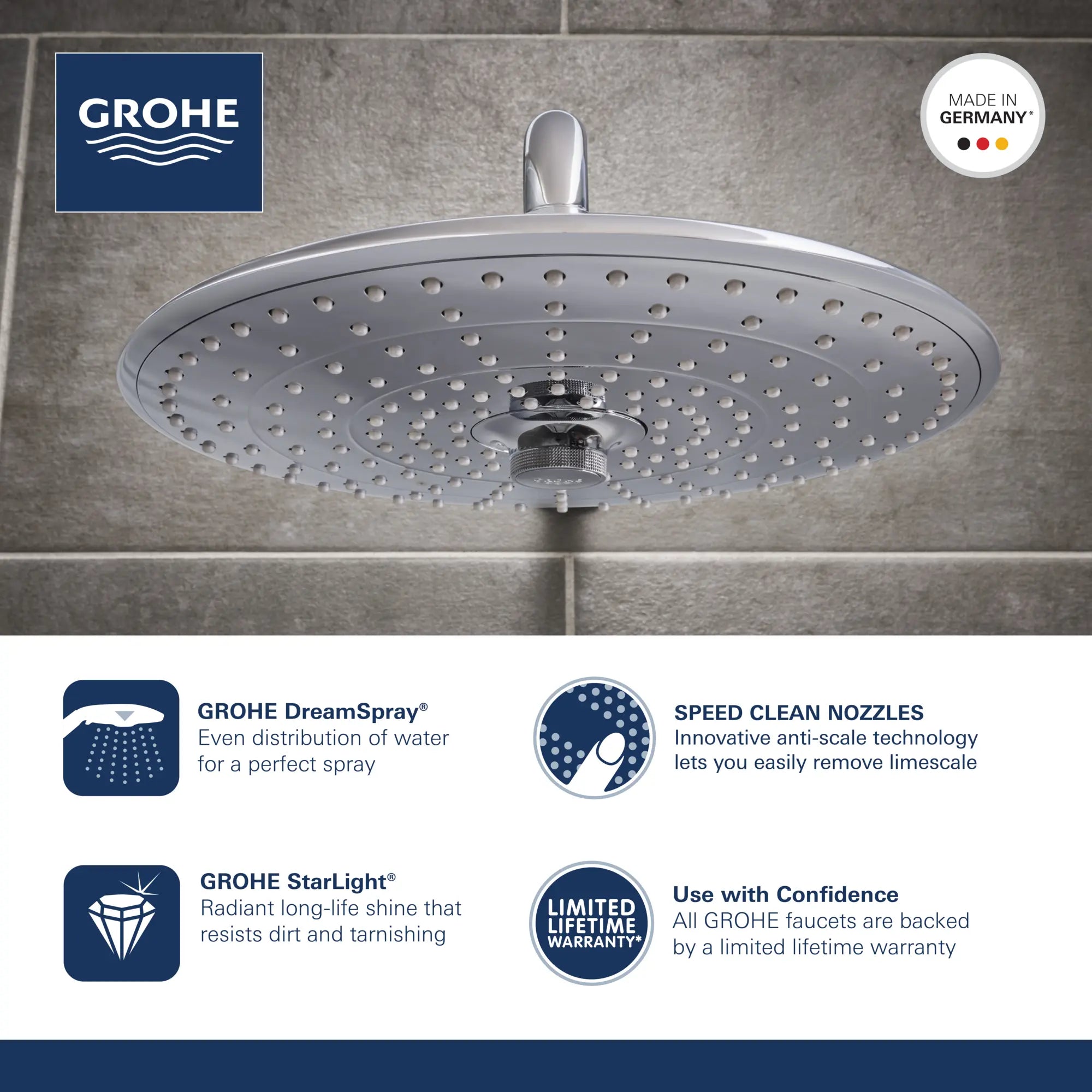 260 Shower Head, 10" - 3 Sprays, 1.75 gpm // GROHE STARLIGHT CHROME // 43279_Vitalio_Joy_RainShowerhead_26518000_Infographic_02_0_CDNwebp.webp