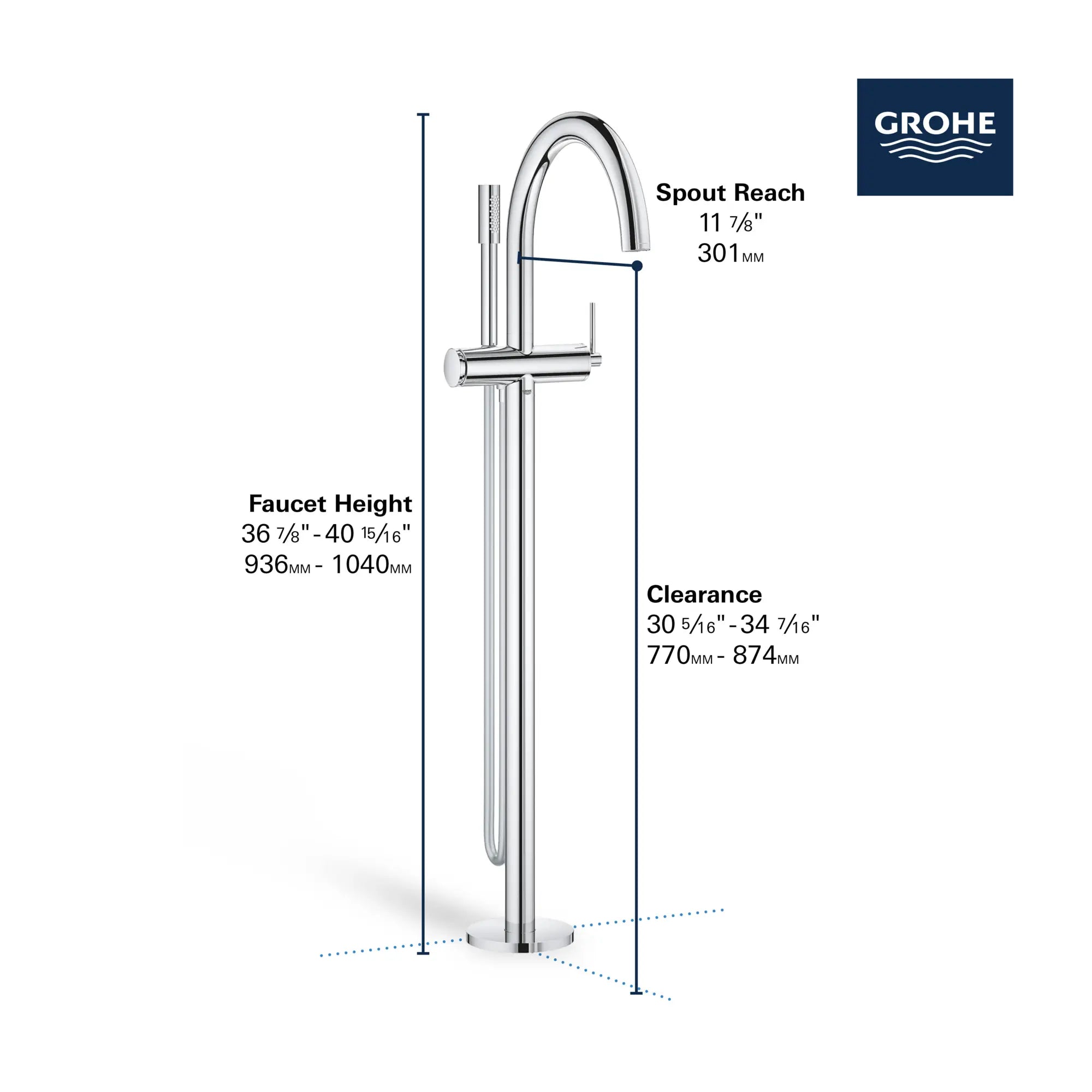 Single-Handle Freestanding Tub Faucet with 1.75 GPM Hand Shower // GROHE STARLIGHT CHROME // 68473_GROHE_Atrio_Bath_FST_Tub_Filler_32653_3_Infographics_2_0_CDNwebp.webp