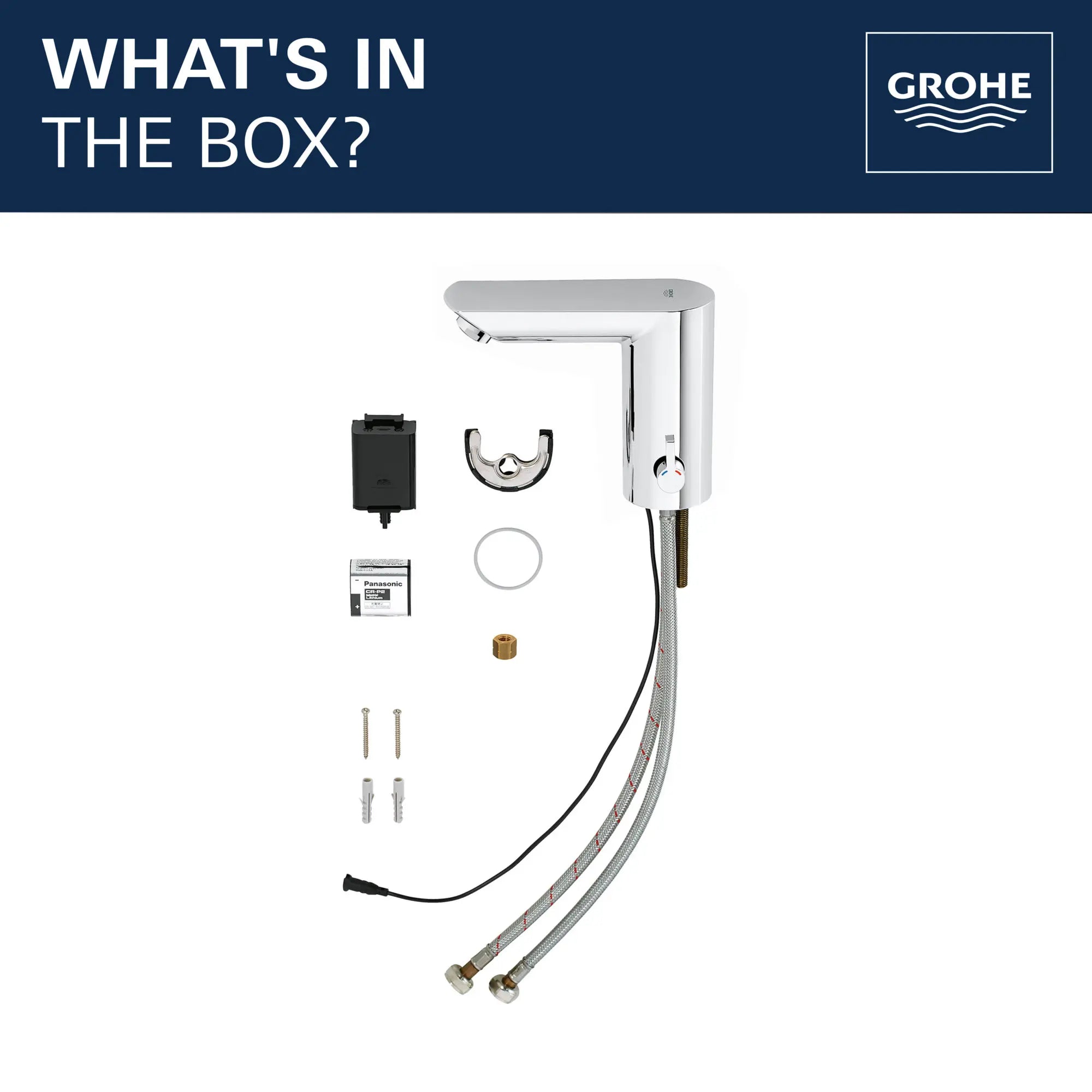 E Touchless Electronic Faucet with Temperature Control Lever, Battery-Powered // GROHE STARLIGHT CHROME // 68497_2020_GROHE_BauCosmo_Bath_Faucet_Infographic_Whats_in_Box_36467000_1_0_CDNwebp.webp