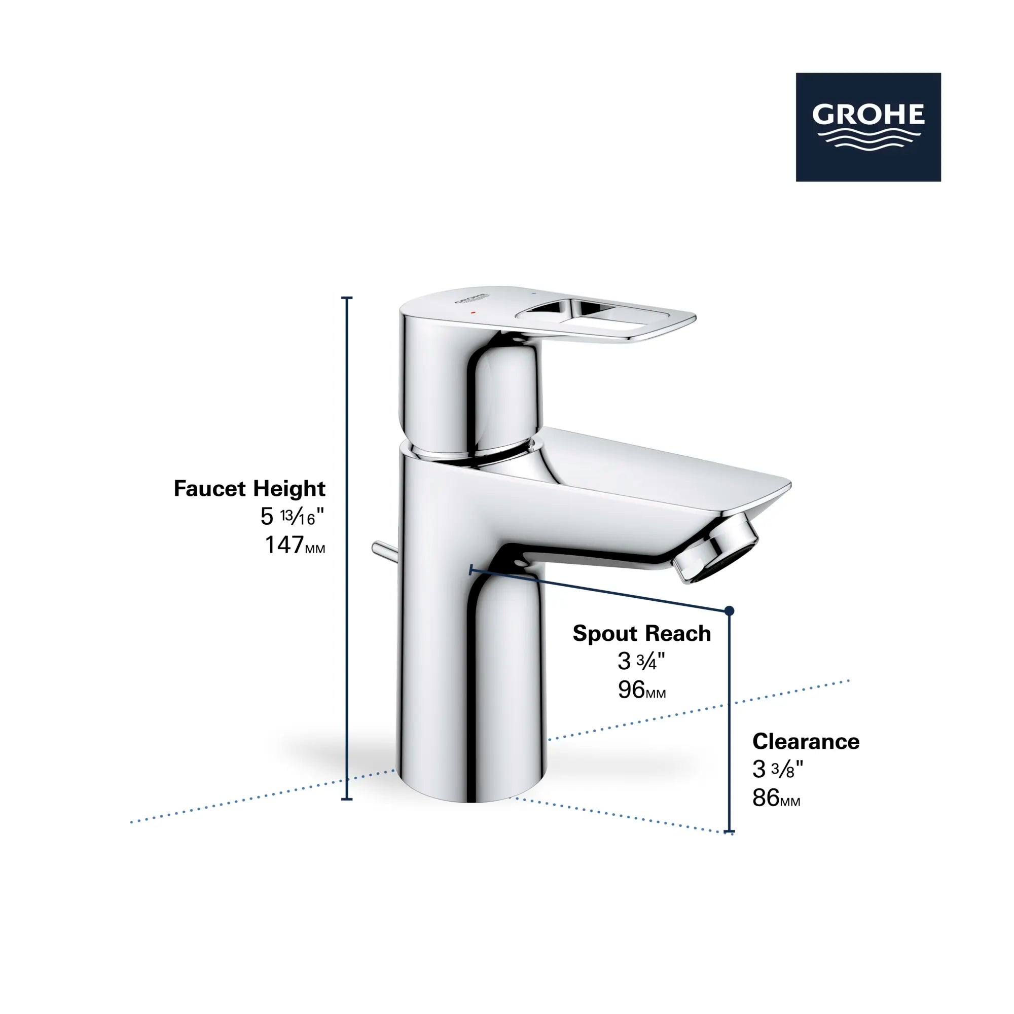 Single Hole Single-Handle S-Size Bathroom Faucet, 1.2 GPM (4.5 L/min) Less Drain // GROHE STARLIGHT CHROME // 68522_GROHE_BauLoop_Bath_Faucet_23084001_23085001_Infographics_2_0_CDNwebp.webp