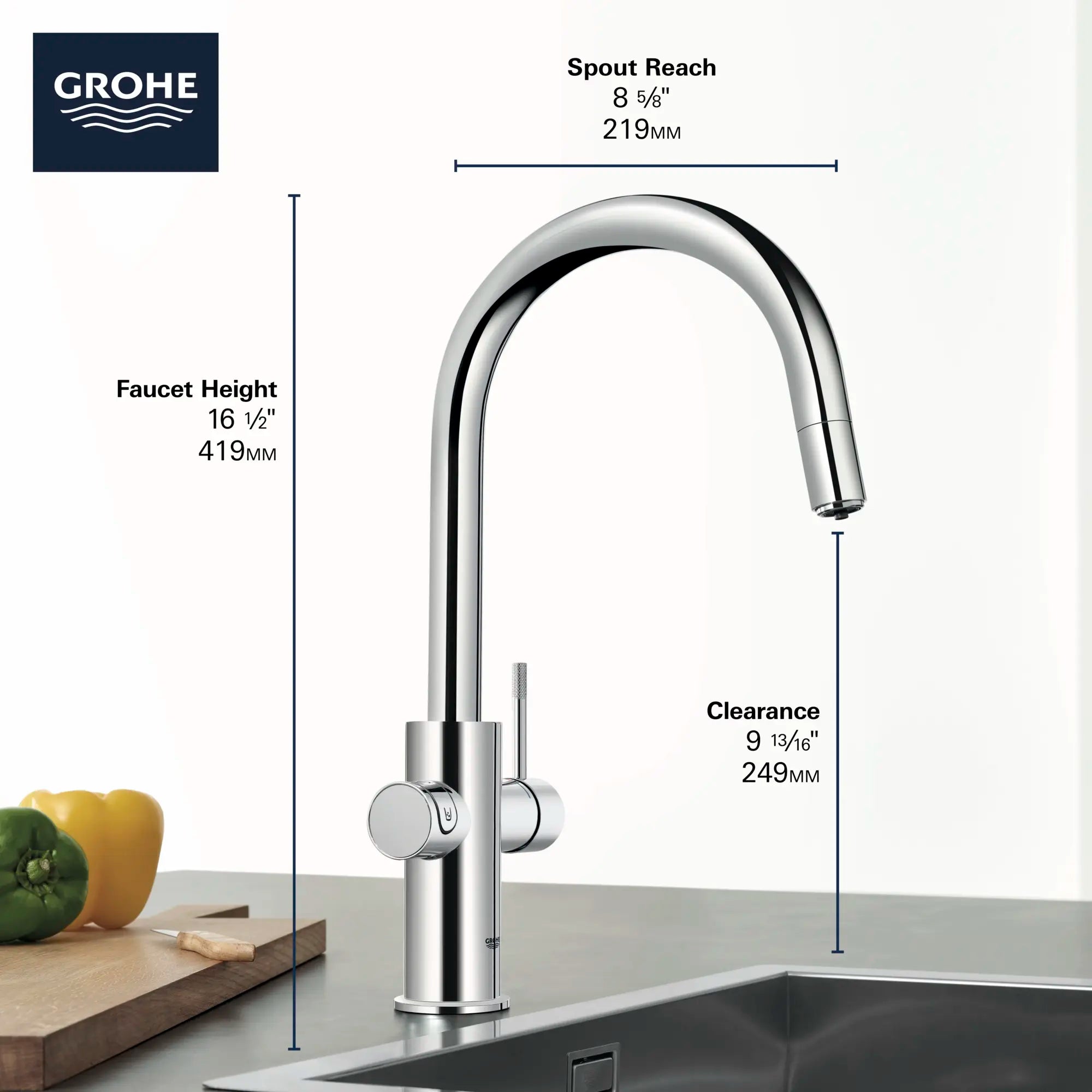 GROHE Blue Single-Handle Pull Down Kitchen Faucet Single Spray 1.75 GPM (6.6 L/min) with Chilled & Sparkling Water // GROHE STARLIGHT CHROME // 68527_GROHE_Infographics_Blue_C-spout_31251_F2_0_CDNwebp.webp
