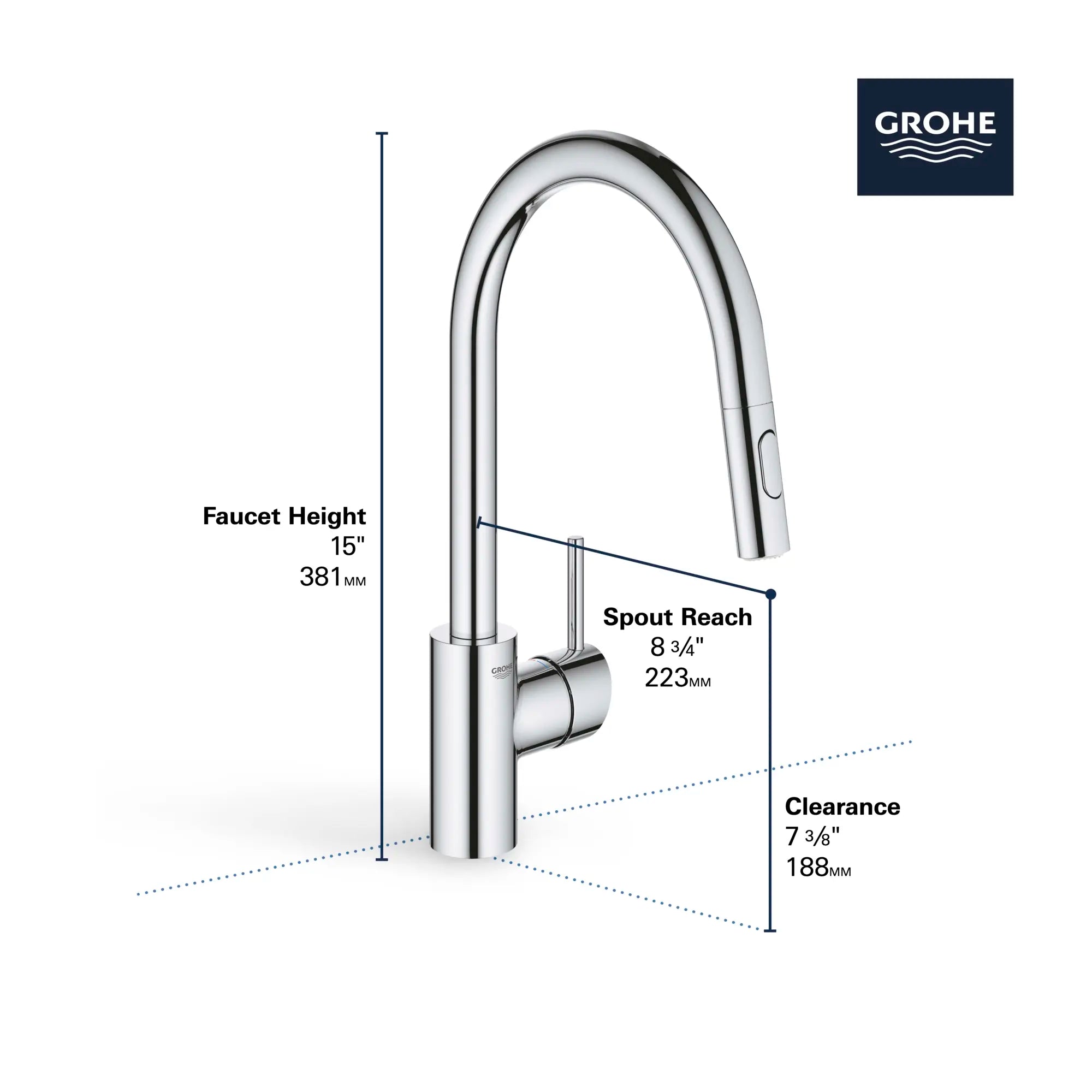 Concetto Single-Handle Pull Down Kitchen Faucet Dual Spray 1.5 GPM (5.7 L/min) // SUPERSTEEL INFINITYFINISH // 68587_GROHE_Concetto_Kitchen_Faucet_31349_E_Infographics_2_0_CDNwebp.webp