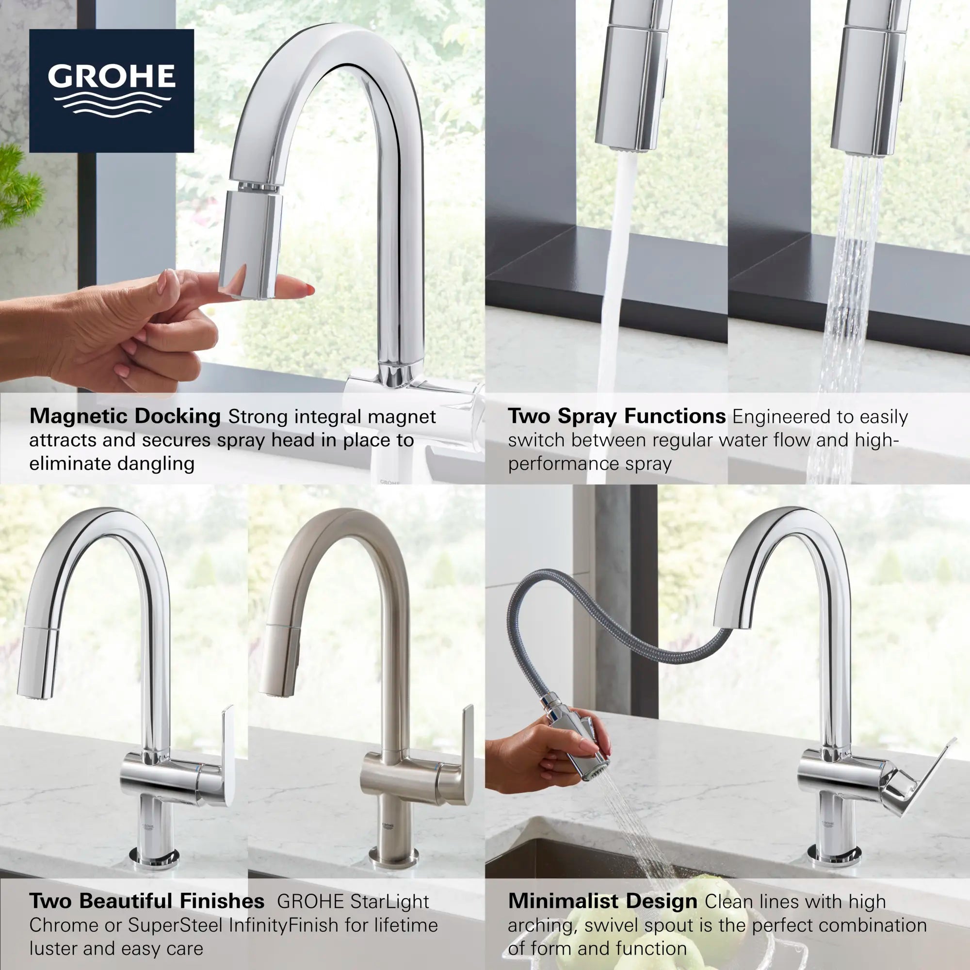 Single-Handle Pull Down Dual Spray Bar Faucet 1.75 GPM (6.6 L/min) // GROHE STARLIGHT CHROME // 68611_GROHE_Info_Defined_Kitchen_30377_30378_F1_0_CDNwebp.webp