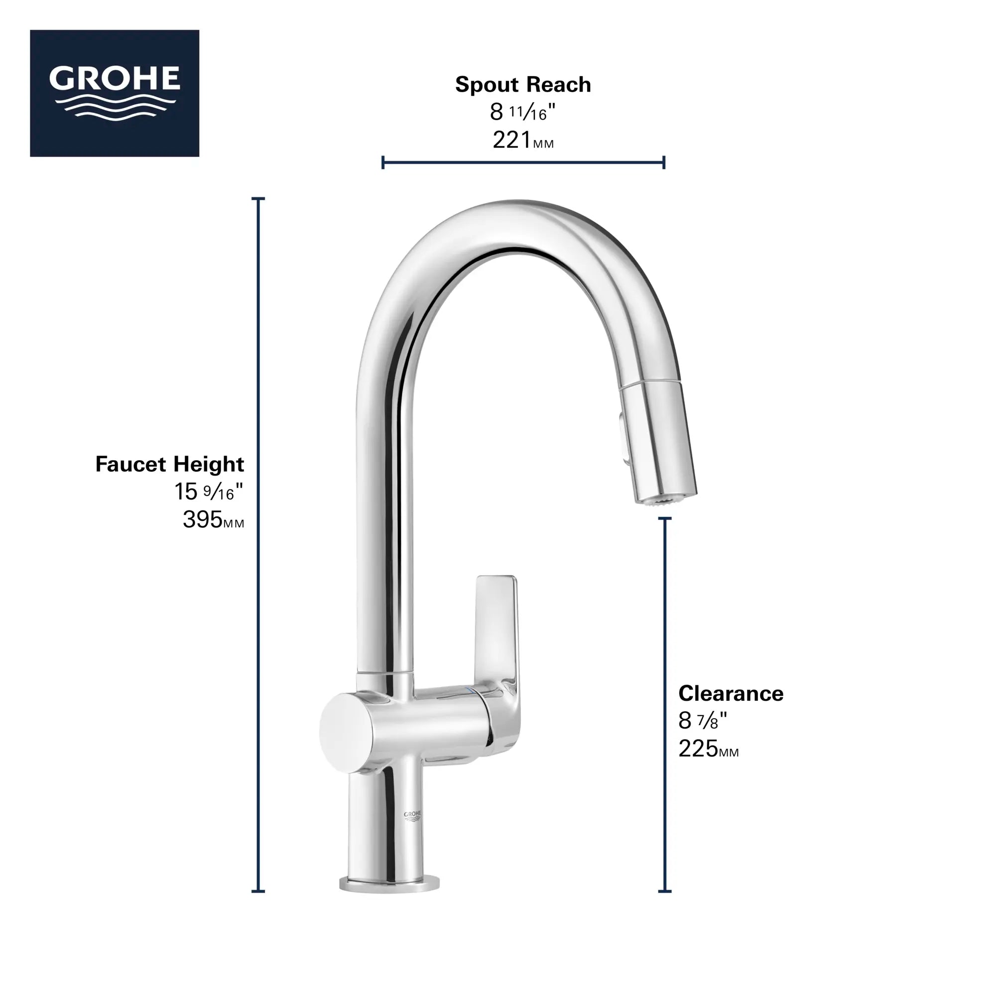 Single-Handle Pull Down Kitchen Faucet Dual Spray 1.75 GPM (6.6 L/min) // GROHE STARLIGHT CHROME // 68615_GROHE_Info_Defined_Kitchen_30377_F2_0_CDNwebp.webp