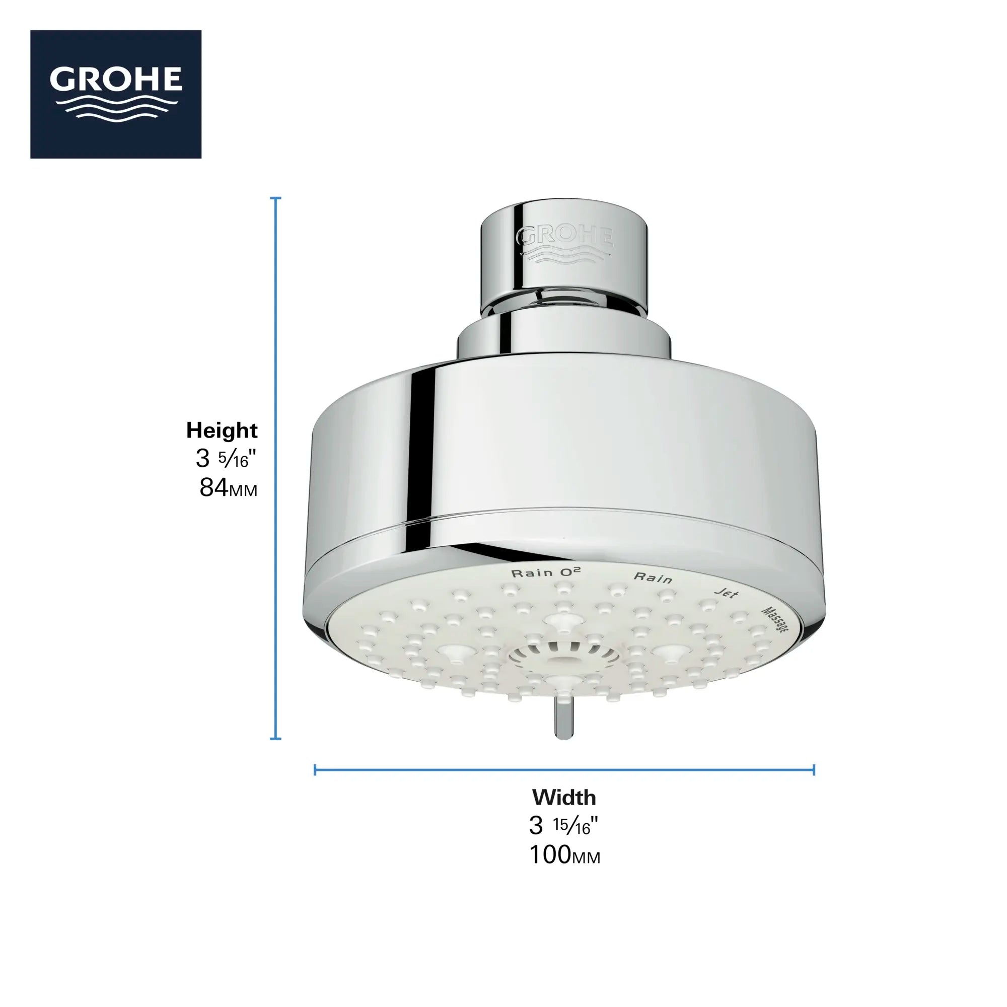 Tempesta 100 Shower Head, 4" - 4 Sprays, 1.75 gpm (6.6 L/min) // BRUSHED NICKEL INFINITYFINISH // 68687_GROHE_Infographics_Essence_Bath_Showers_26043_F2_0_CDNwebp.webp