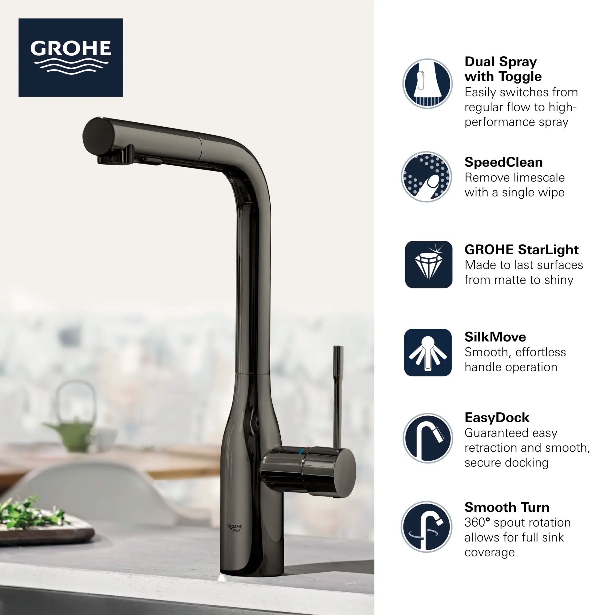 Essence Single-Handle Pull-Out Kitchen Faucet Dual Spray 1.75 GPM (6.6 L/min) // GROHE STARLIGHT CHROME // 68708_GROHE_Infographics_EssenceNew_Kitchen_30271_F1_0_CDNwebp.webp