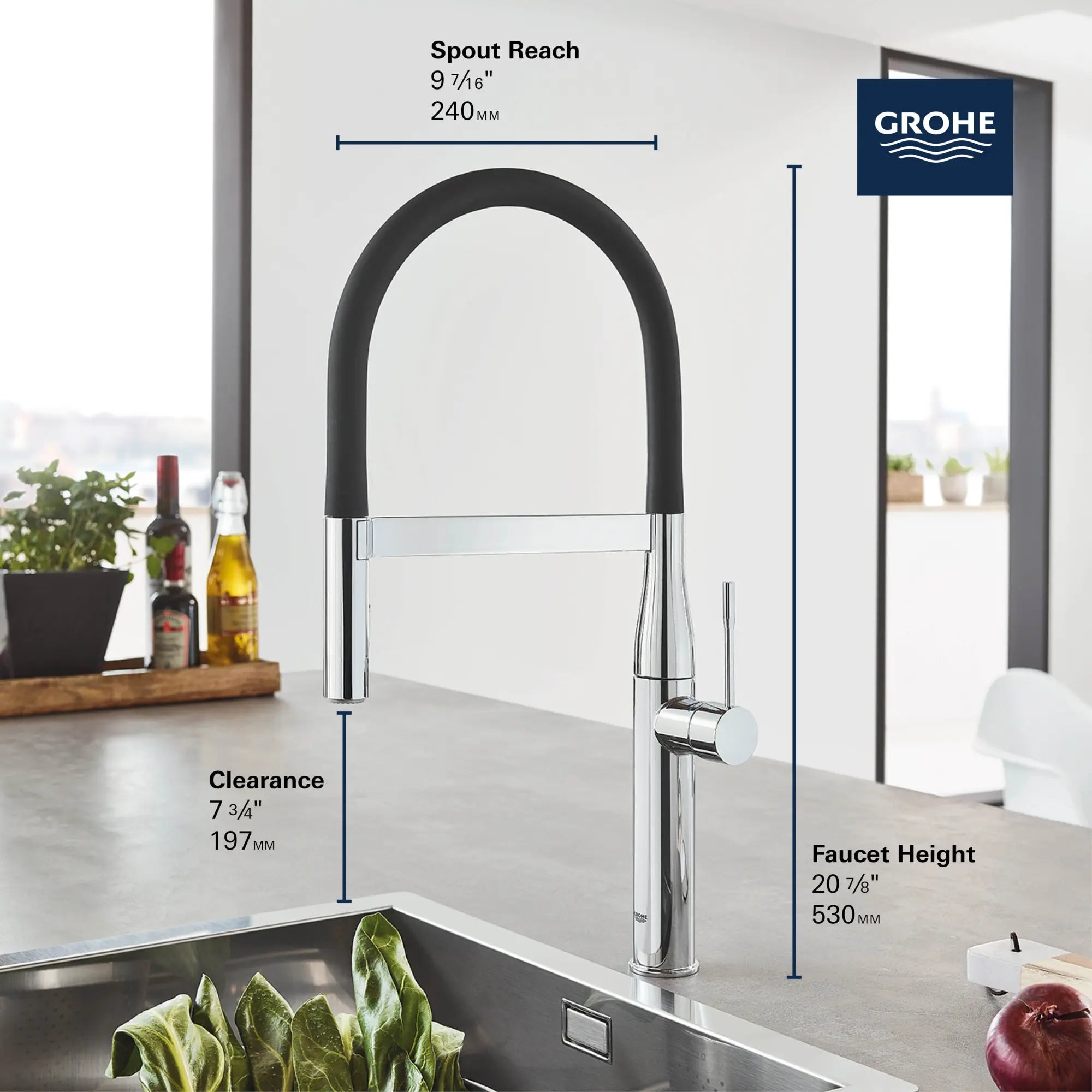 Single-Handle Semi-Pro Dual Spray Kitchen Faucet 6.6 L/min (1.75 gpm) // GROHE STARLIGHT CHROME // 68719_GROHE_Infographics_30295_0_EssenceSemi-Pro_Kitchen_2_0_CDNwebp.webp