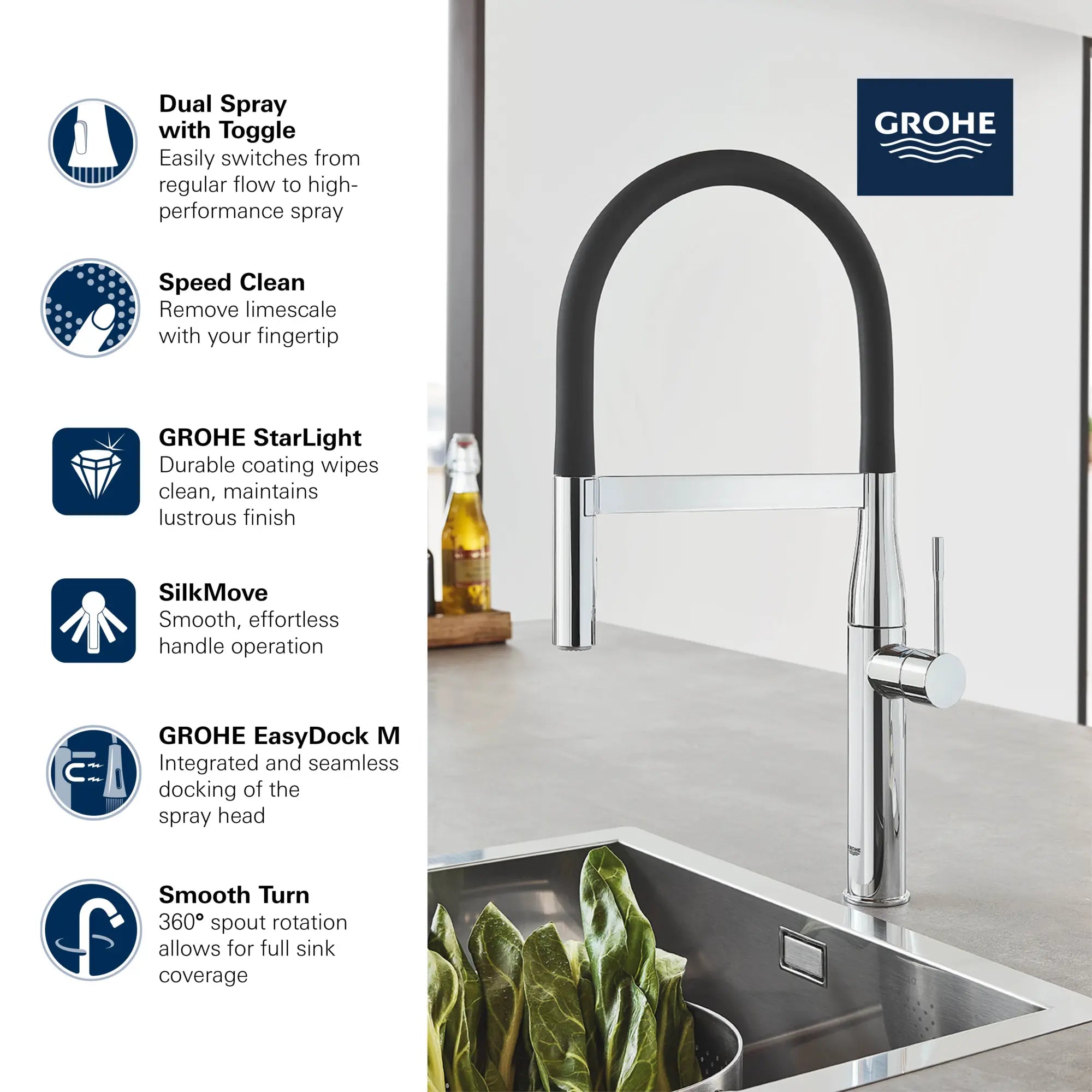 Single-Handle Semi-Pro Dual Spray Kitchen Faucet 6.6 L/min (1.75 gpm) // GROHE STARLIGHT CHROME // 68723_GROHE_Infographics_30295_0_EssenceSemi-Pro_Kitchen_1_0_CDNwebp.webp